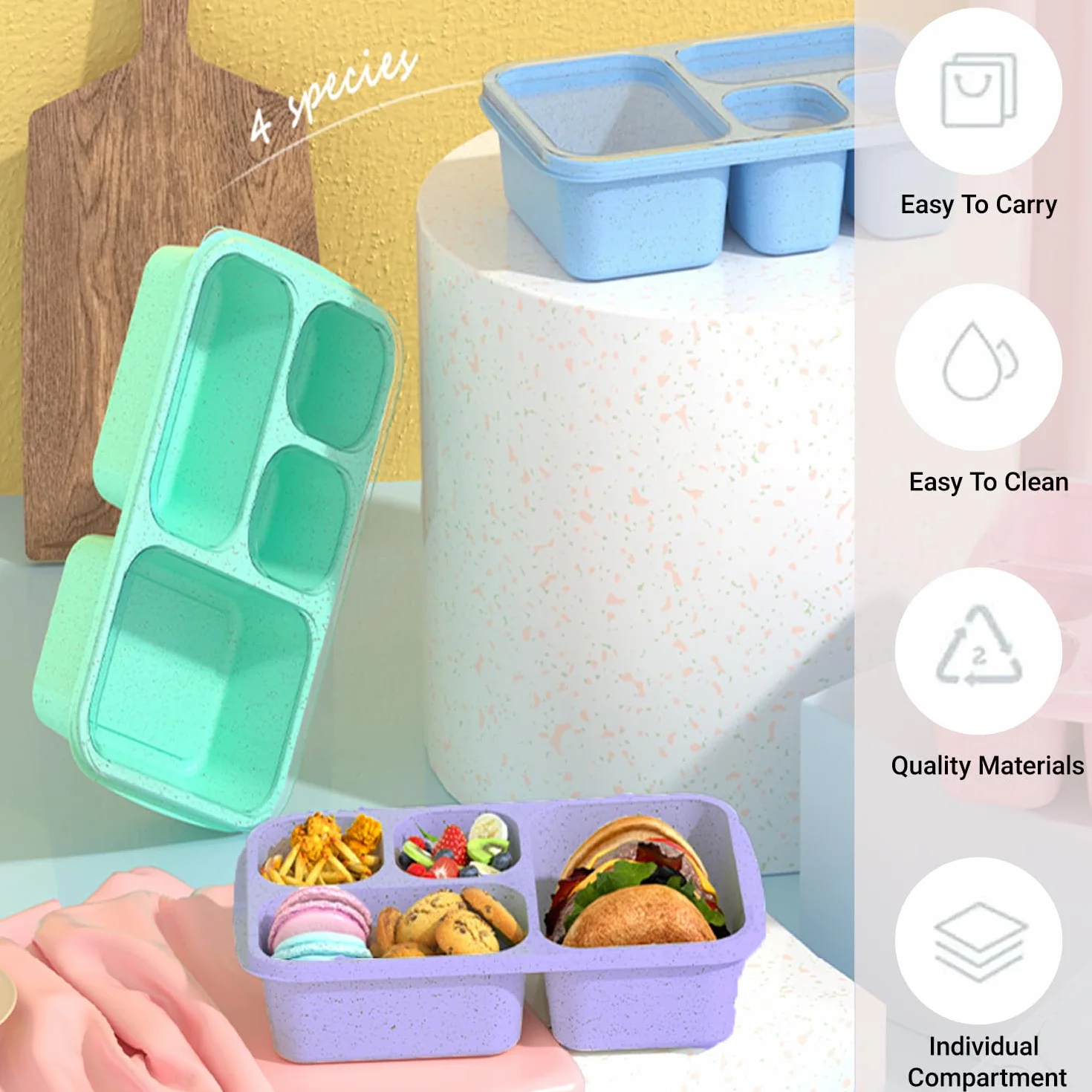 Pudełka na przekąski (3 sztuki), pudełka na lunch Bento wielokrotnego użytku z 3 przegródkami, dla dzieci i dorosłych, podzielone pojemniki do przechowywania żywności, do szkoły, pracy