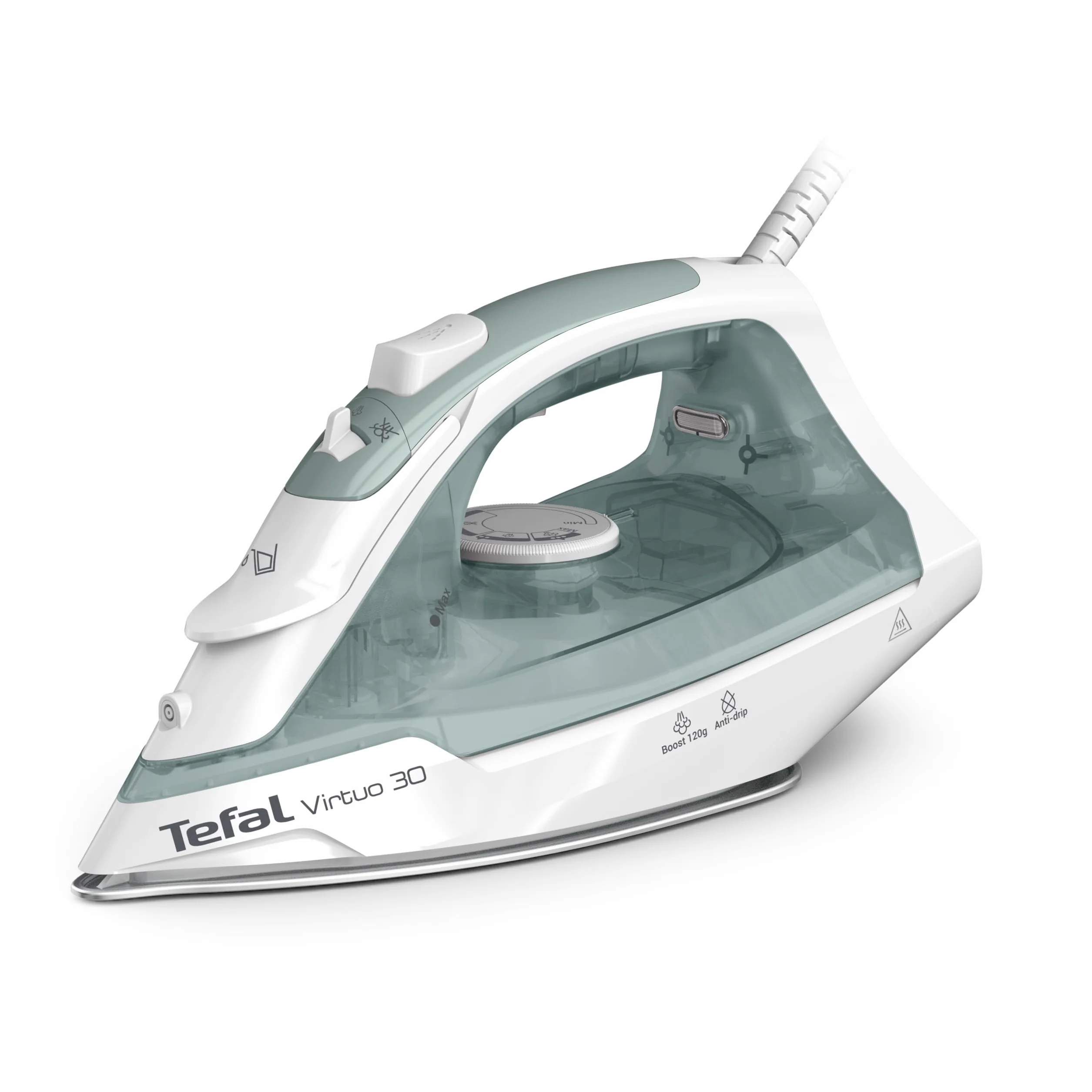 TEFAL FV2C42 Virtuo żelazko parowe, 2000W, ciągły wyrzut pary 27 g/min, uderzenie pary 120 g/min, czas nagrzewania 30 sek, prasowanie w pionie, system odkamieniający, nieprzywierająca powłoka, zielony