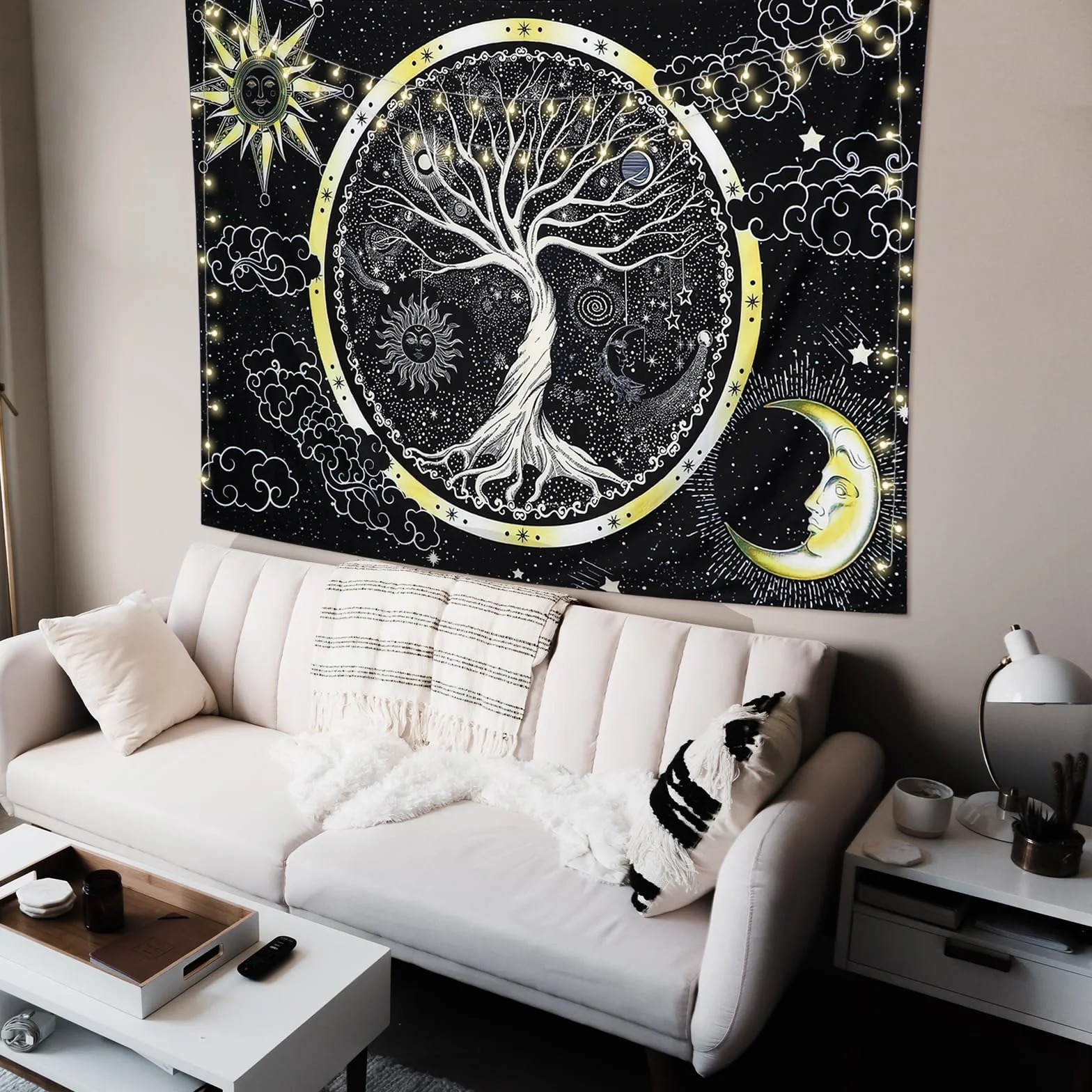 Wiszący Gobelin Psychodeliczny Księżyc i Słońce Drzewo Życia Czarno-Biały Mandala 148x200cm