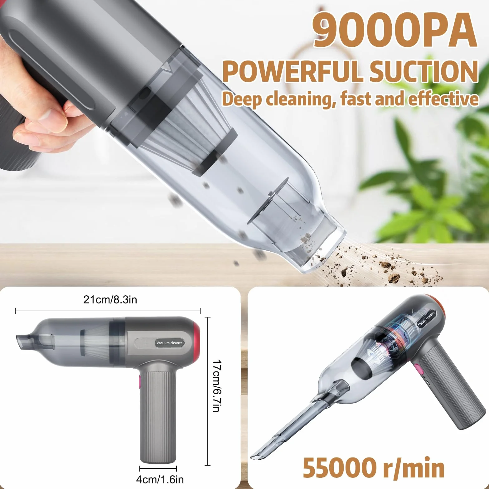 Bezprzewodowy Odkurzacz Ręczny 9000PA, Mini Przenośny 3 w 1, Szybkie Ładowanie USB, do Samochodu, Sierści Zwierząt, Dywanów, Domu, Biura