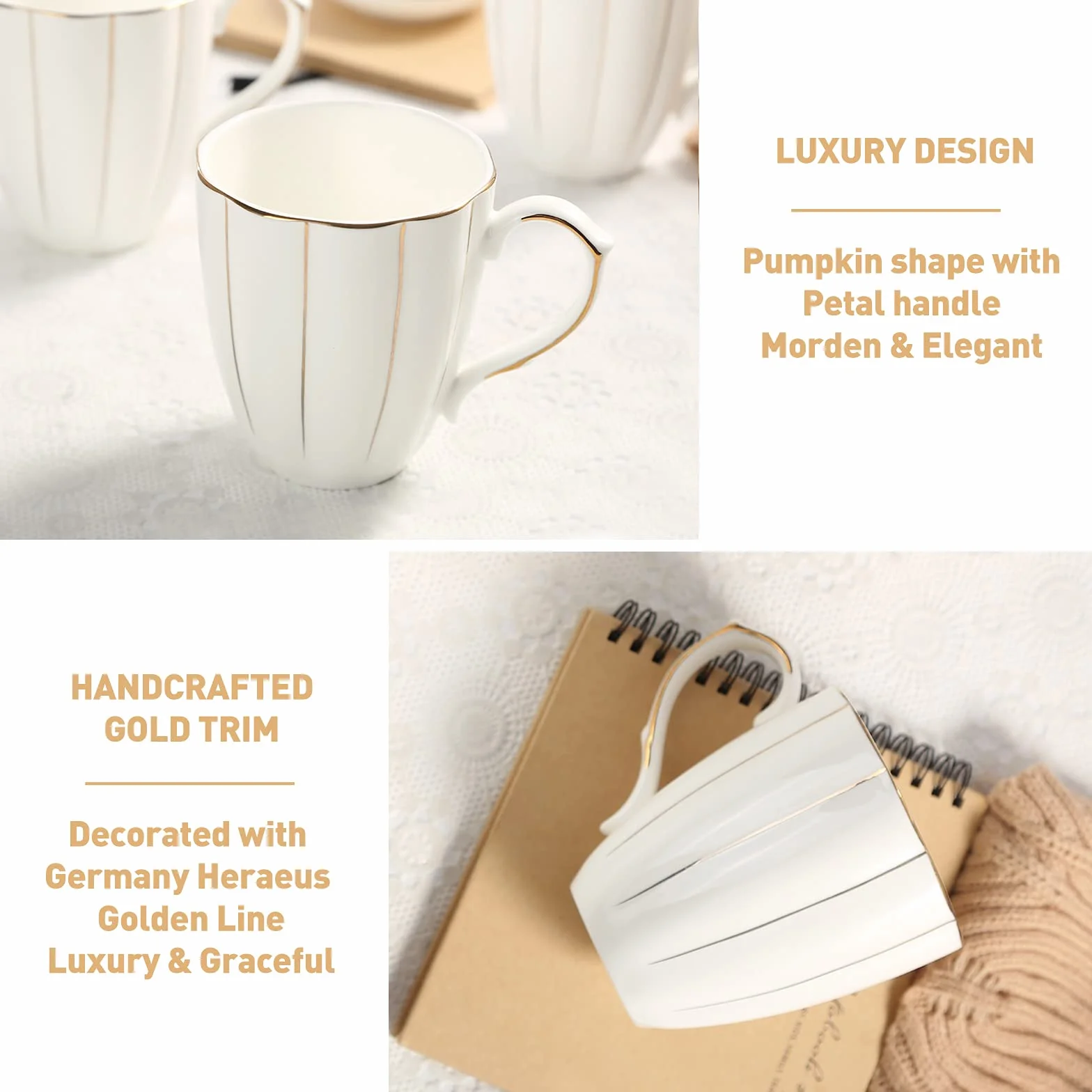 DUJUST Zestaw 4 kubków do kawy (400 ml), luksusowy brytyjski design z ręcznie wykonanymi złotymi wykończeniami, 1st Class Bone-China biały i złoty zestaw filiżanek do kawy, herbaty i mleka, piękne i