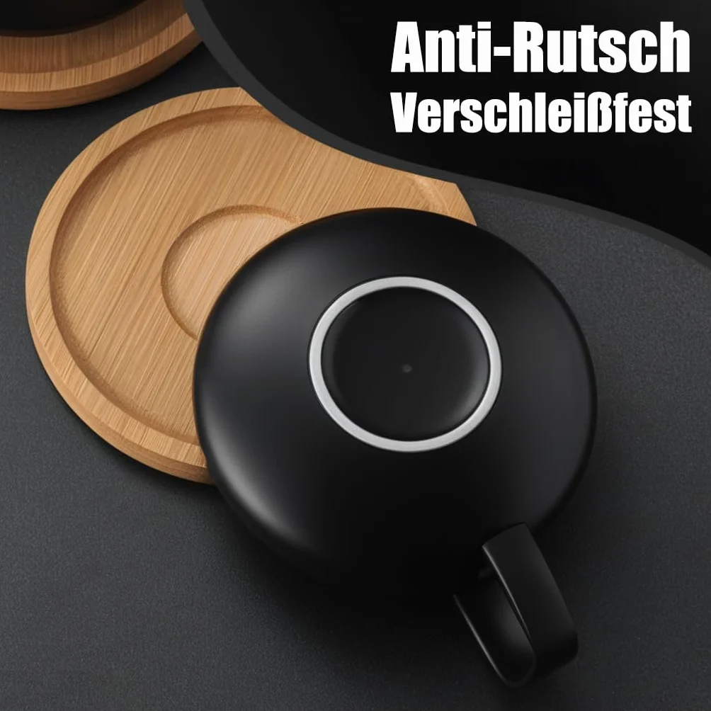 VETIN komplet filiżanek do cappuccino porcelanowych marmurowych 300 ml z drewnianym krążkiem 4 sztuki