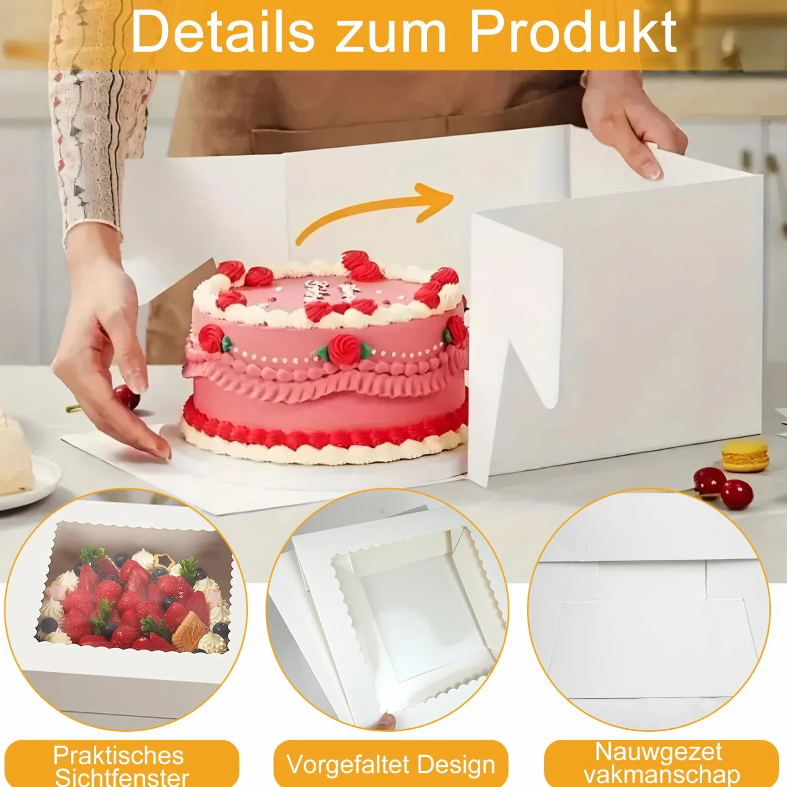 Zestaw kartonów na tort dwuwarstwowy, 3 sztuki, 25,5 x 25,5 x 20,5 cm, wysokie pudełko na tort, z okienkiem i paterą na tort, białe pudełko na tort z kapeluszem urodzinowym, pudełko na ciasto z