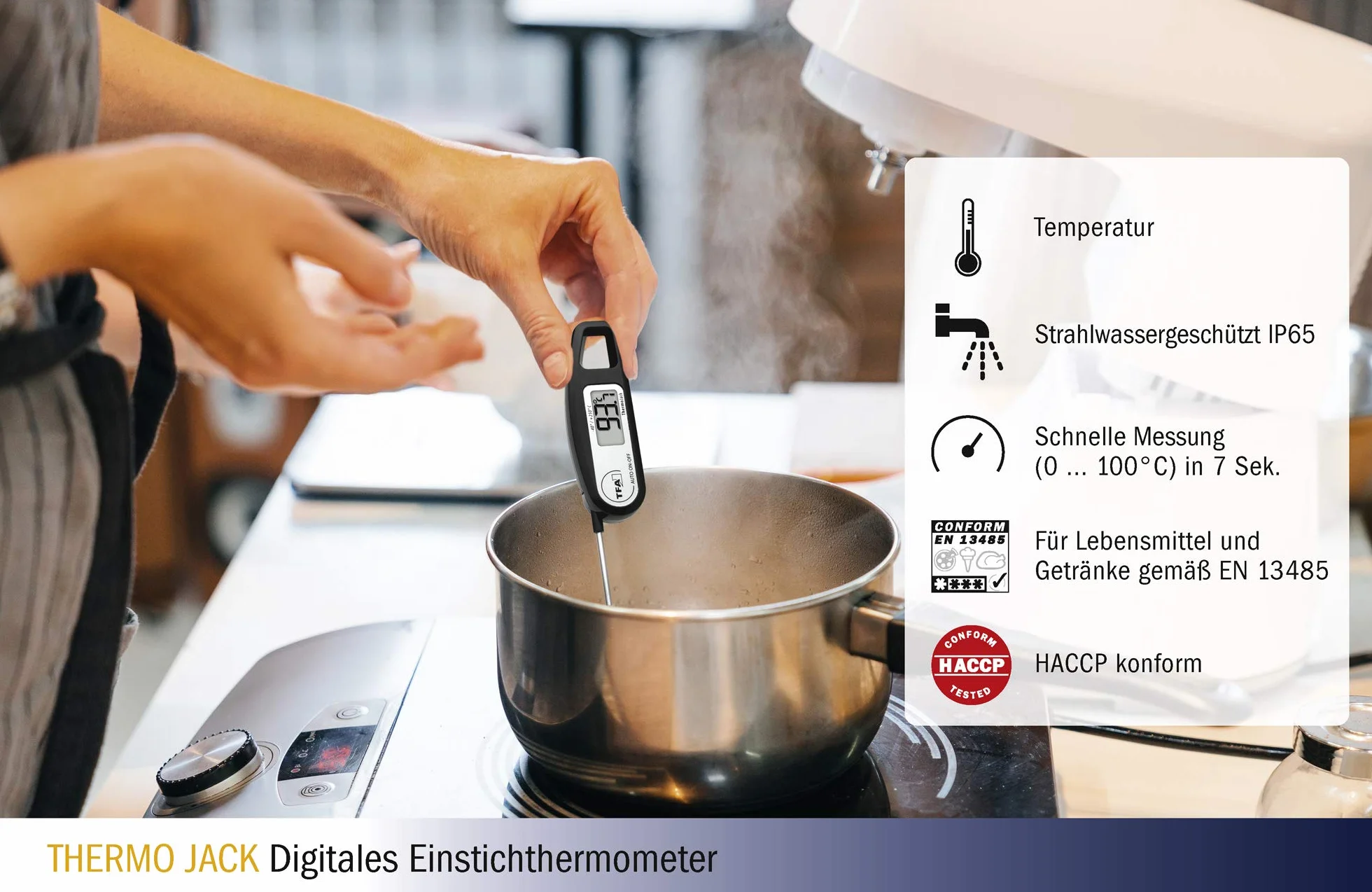 TFA Dostmann Thermo Jack cwkłuwalny/wtykowy termometr cyfrowy, 30.1047.01, kontrola produktów spozywczych, zmywalny, czarny