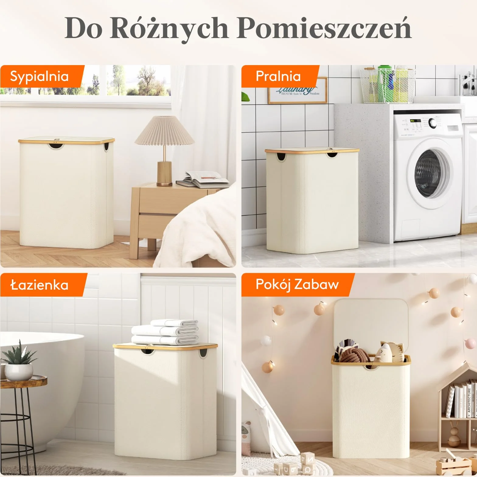 Lifewit Kosz na Pranie z Wyjmowanymi Workami Składany Bambusowy 3 Komory 150L Beżowy