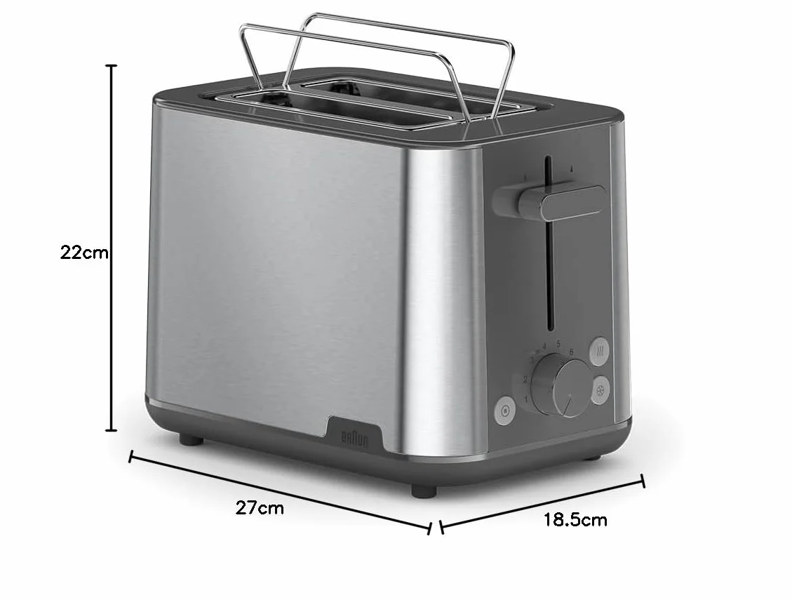 Braun PurShine HT1510GY, 2-gniazdowy toster, 8 poziomów opiekania, funkcje ogrzewania i rozmrażania, taca na okruchy, 900 W, szary
