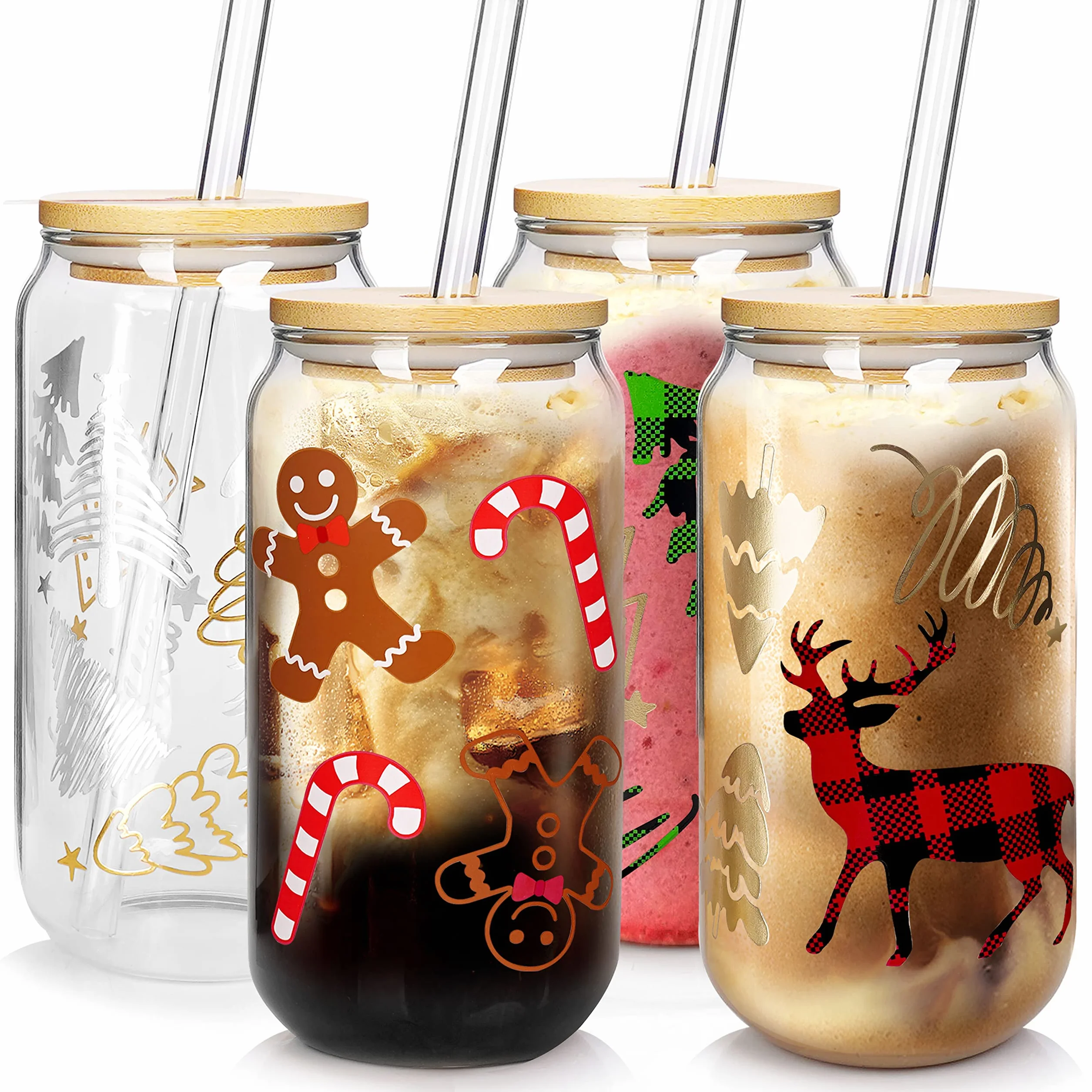 Kubki świąteczne, 500 ml, świąteczne szklanki do mrożonej kawy z pokrywkami i słomkami, biały słoń, prezenty dla dorosłych, kolorowe choinka, łoś, szklanki, prezenty dla nauczycieli, dla kobiet i