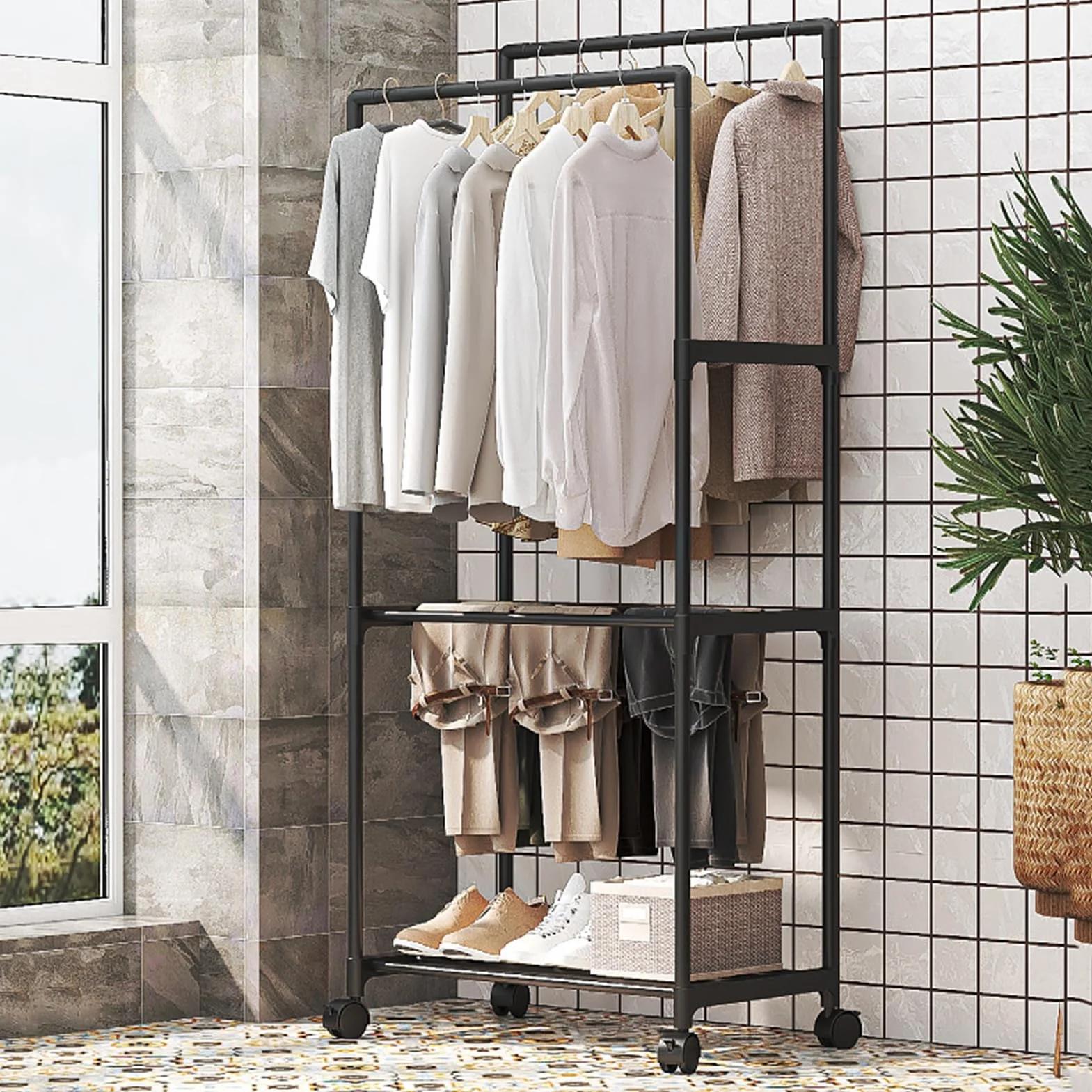 Double Rods Clothes Rack With Wheels Metal Clothing Rack For Hanging Clothes Portable Wardrobe Garment Racks For Bedroom Laundry Living Room(Black)