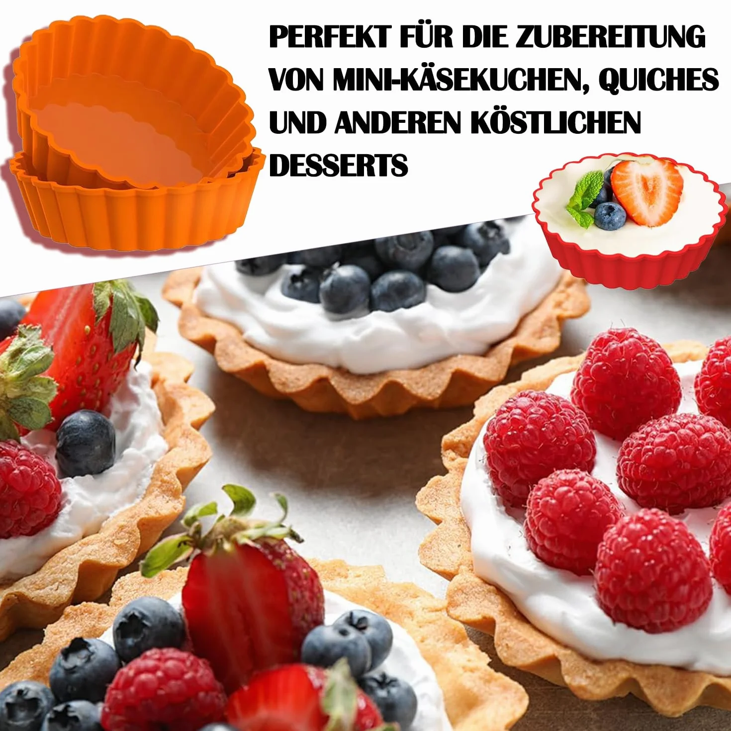 8 sztuk silikonowych foremek do tarty, 10 cm, nieprzywierające, do quiche, wielokrotnego użytku, małe do produkcji babeczek, muffinek, chleba