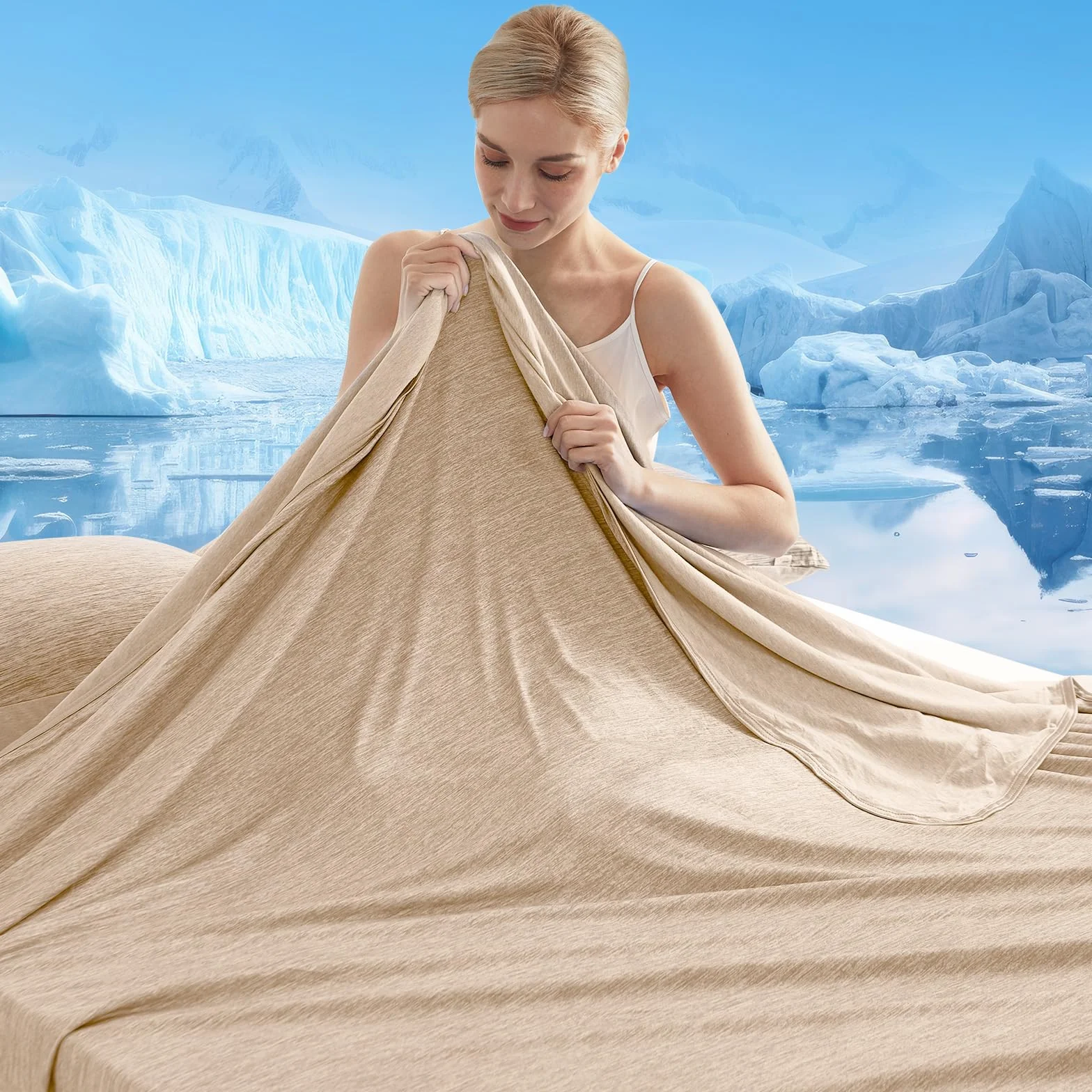 Marchpower Koc chłodzący 200 x 220 cm, japońskie Arc-Chill Q-Max > 0,43 włókna chłodzące, beżowy