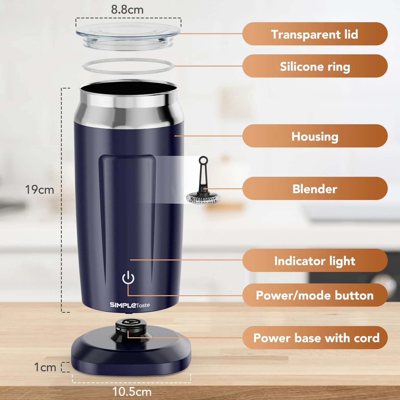 SIMPLETASTE Elektryczny spieniacz do mleka 4 w 1, podgrzewacz do latte macchiato cappuccino