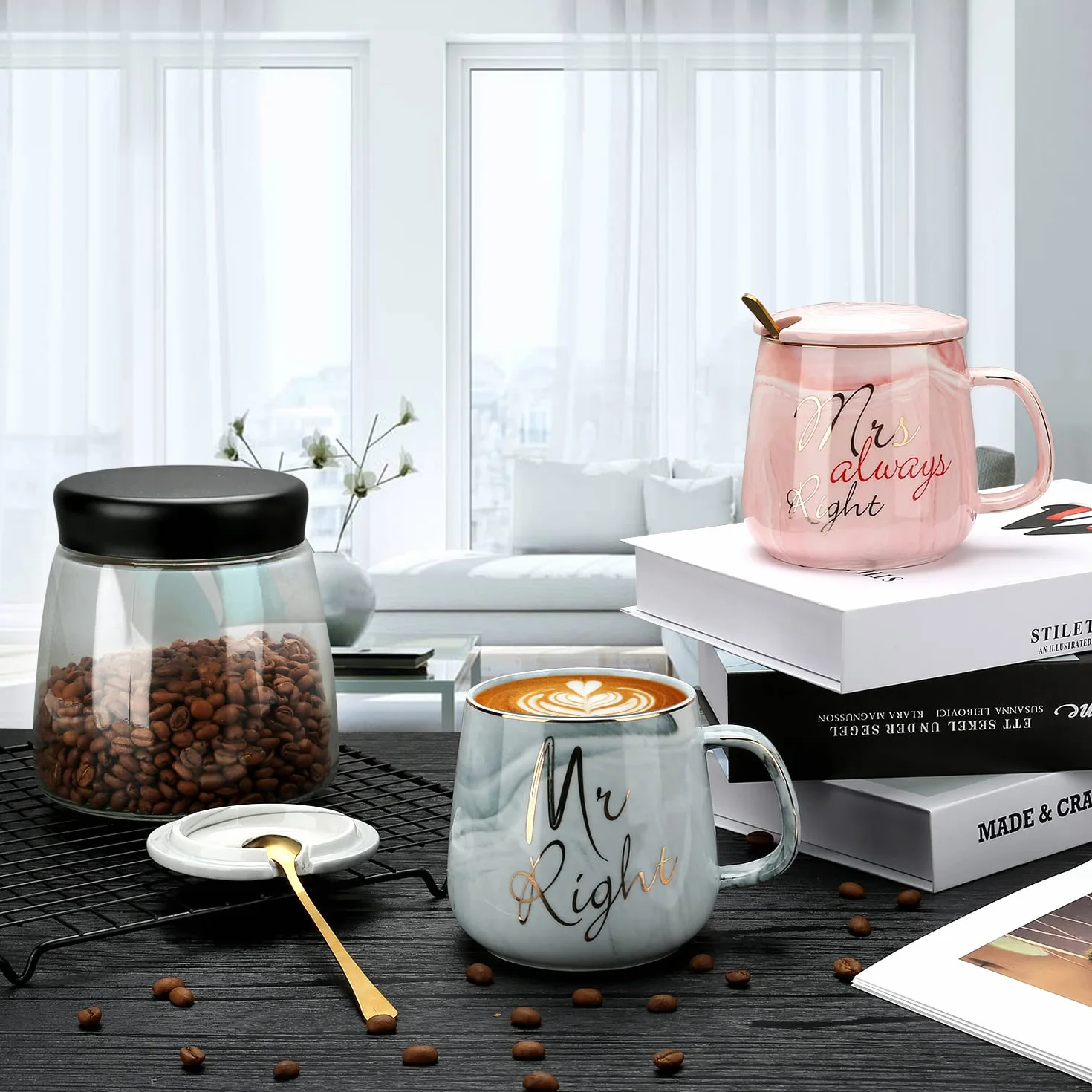 Mr Right and Mrs Always Right Ceramiczne Kubki Do Kawy Zestaw 2-13 Oz Para Filiżanka Herbaty z Pokrywką i Łyżką, Marmurowe Kubki Prezenty Ślubne dla Pary Młodej (Różowy, Szary)