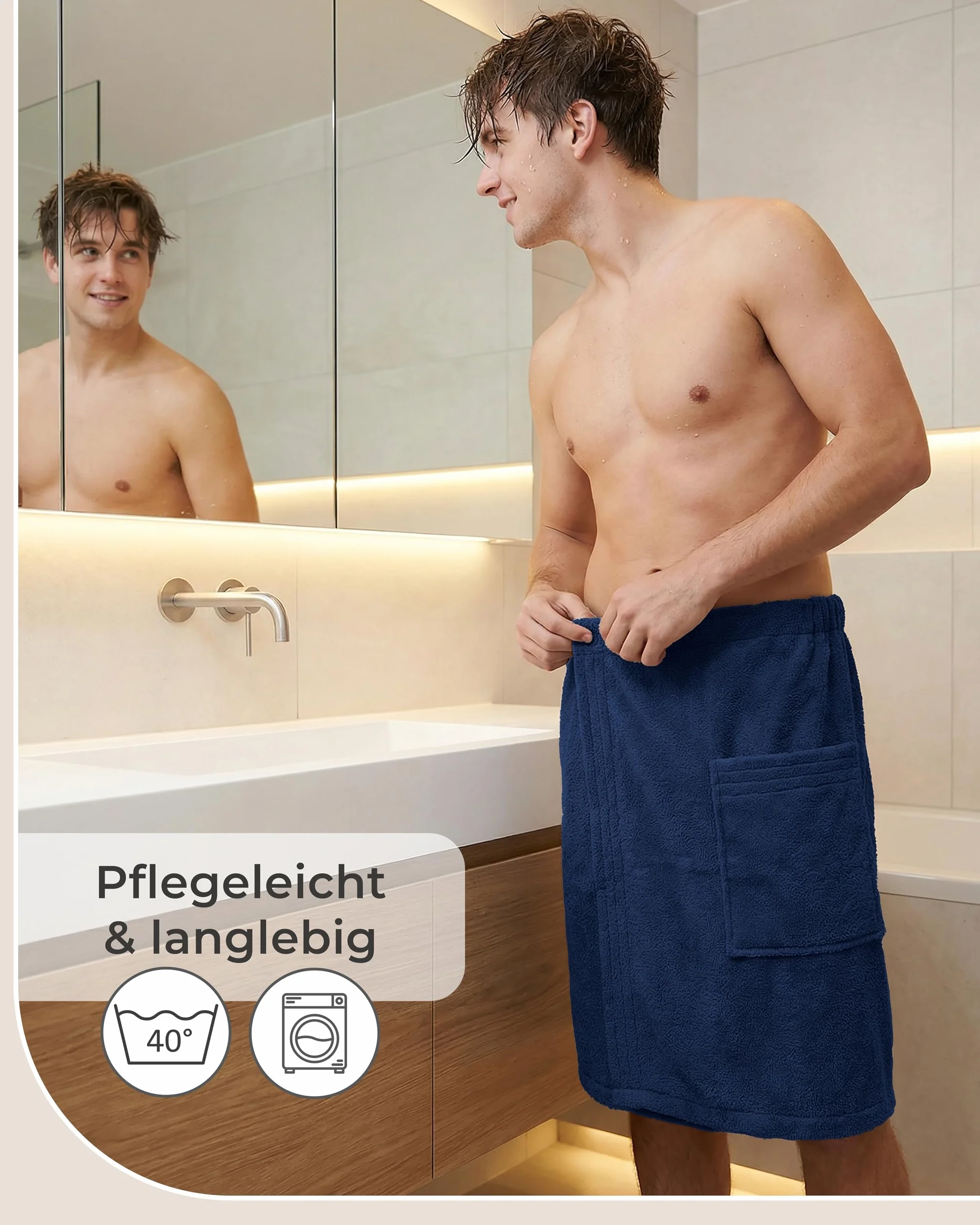 LAYNENBURG Męski kilt do sauny premium z zapięciem na guziki – 100% bawełna – Öko-Tex 100 – męski ręcznik do sauny – frotte, gumowy ściągacz do wellness, spa i sauny (M-XL ciemnoniebieski)