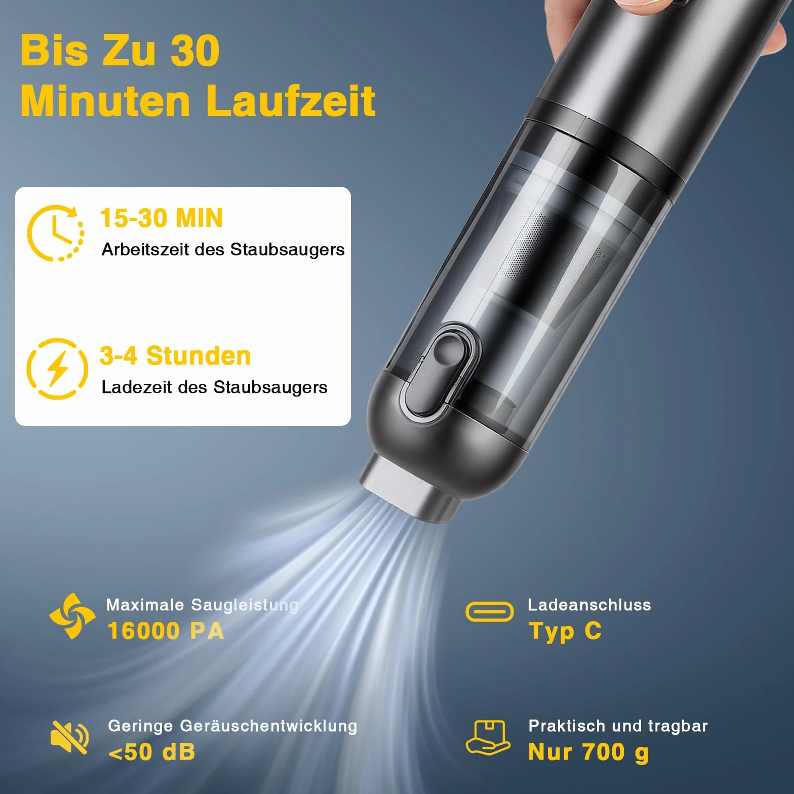 ERWEY Odkurzacz ręczny, 4 w 1, akumulator, 16000 Pa, mocny, 3-biegowy mini odkurzacz do samochodu, domu, sierści zwierząt, czarny