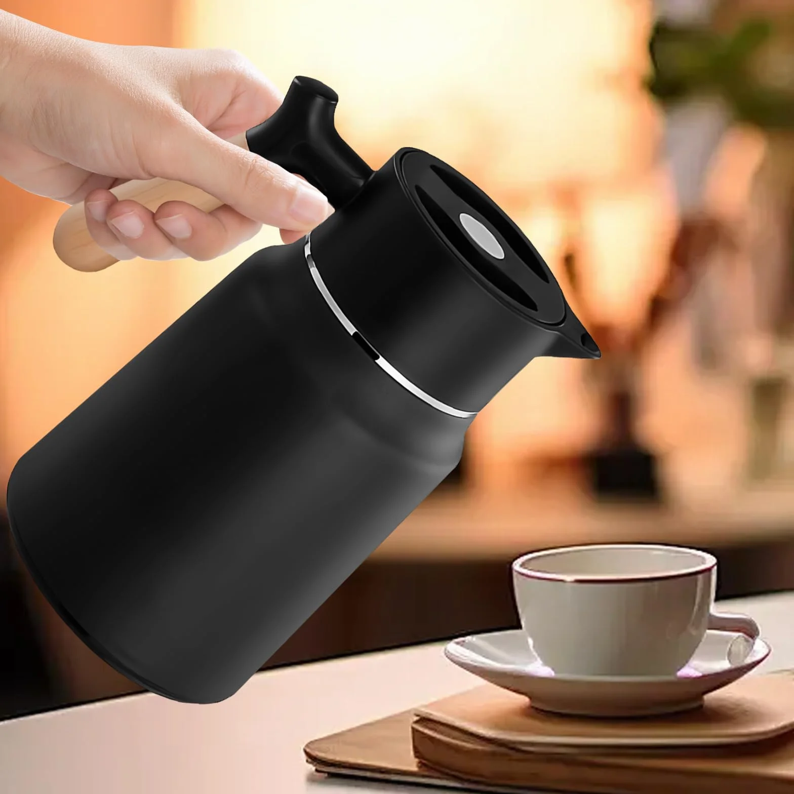 Bordeag Karafka termiczna 1,5 l Dzbanek termiczny do kawy ze stali nierdzewnej z drewnianym uchwytem