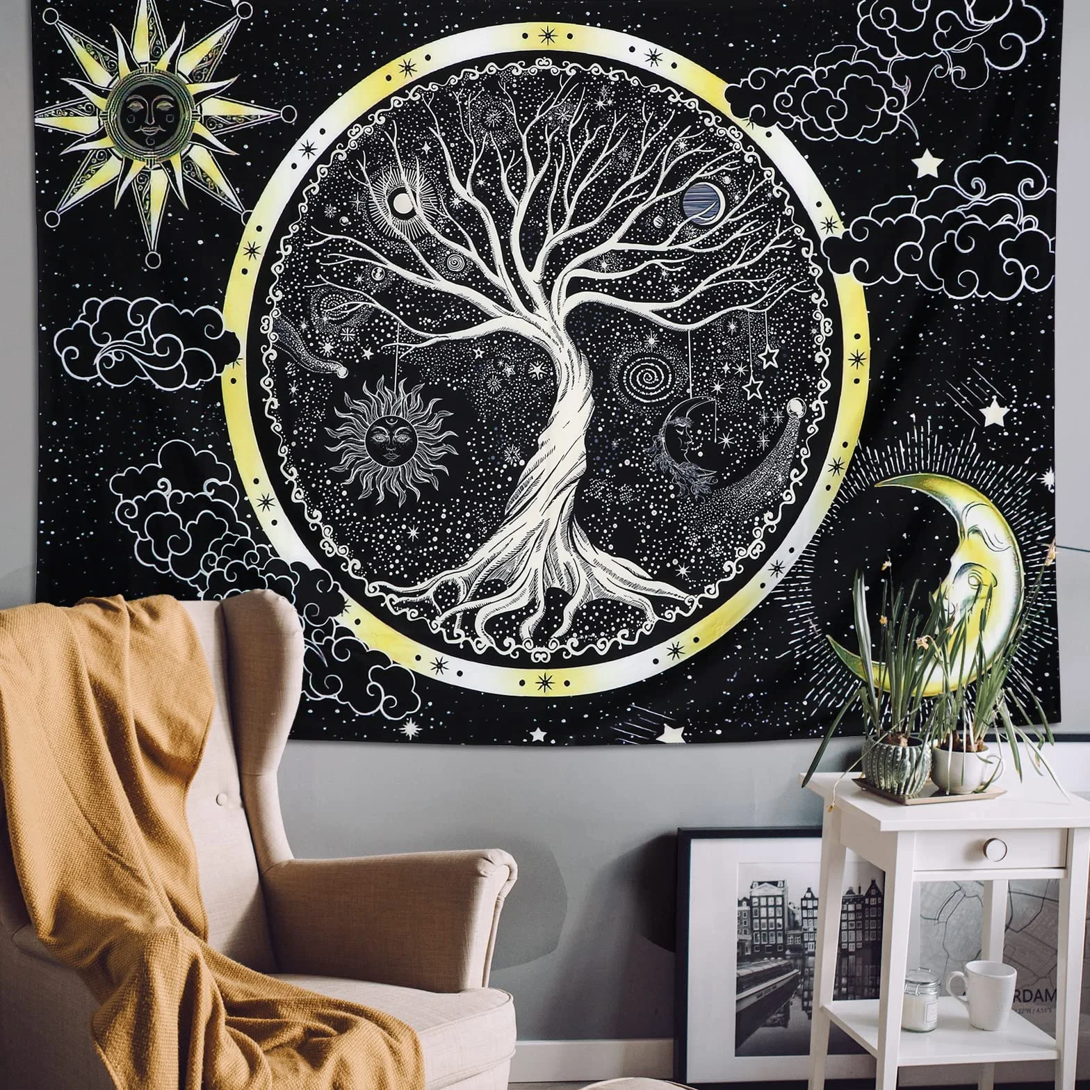 Wiszący Gobelin Psychodeliczny Księżyc i Słońce Drzewo Życia Czarno-Biały Mandala 148x200cm