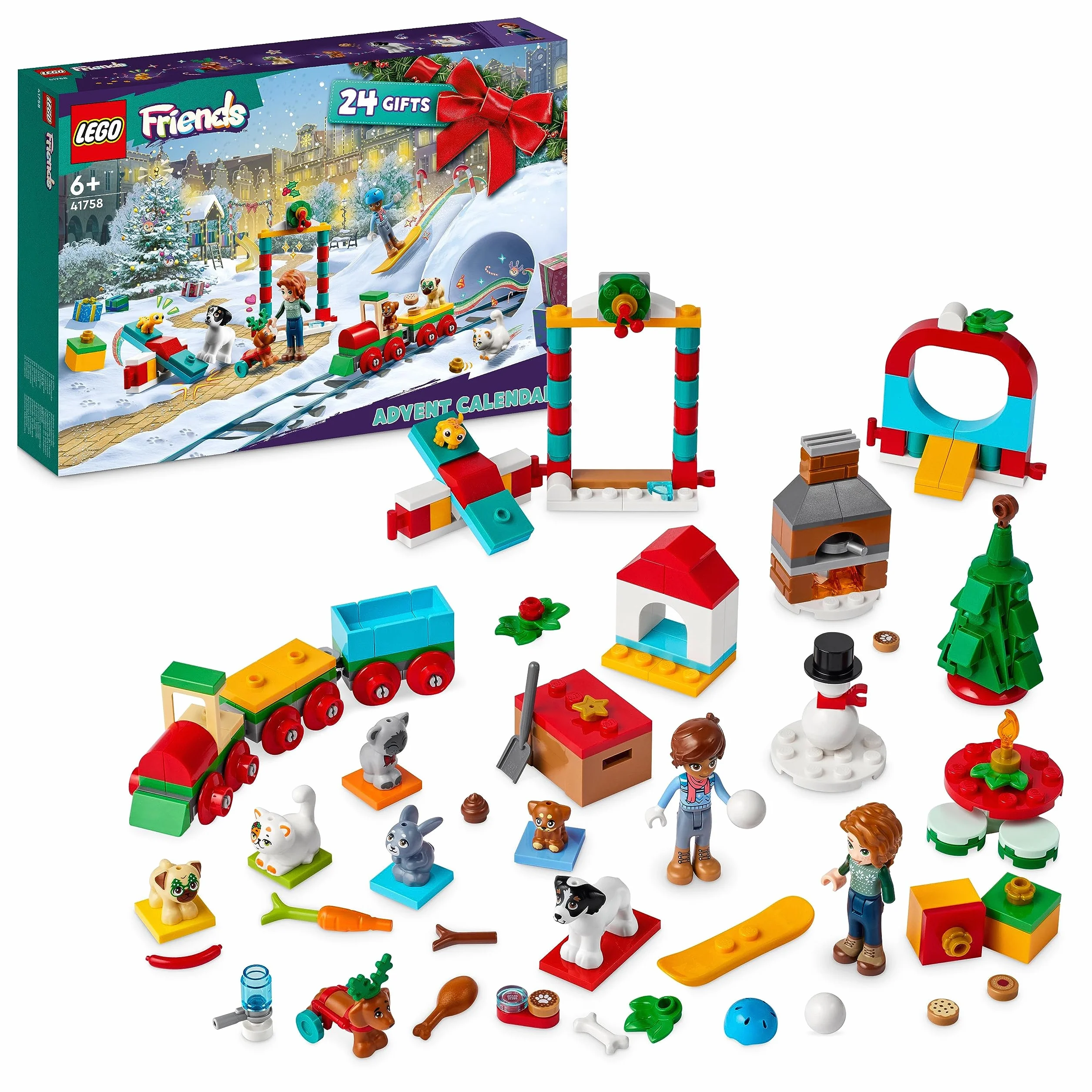 LEGO 41758 Friends Kalendarz adwentowy 2023 z 24 Niespodziankami, w tym 8 Figurek Zwierząt, 2 Minilaleczki i Świąteczne Zabawki do Zbudowania, Prezenty na Mikołajki dla Dzieci