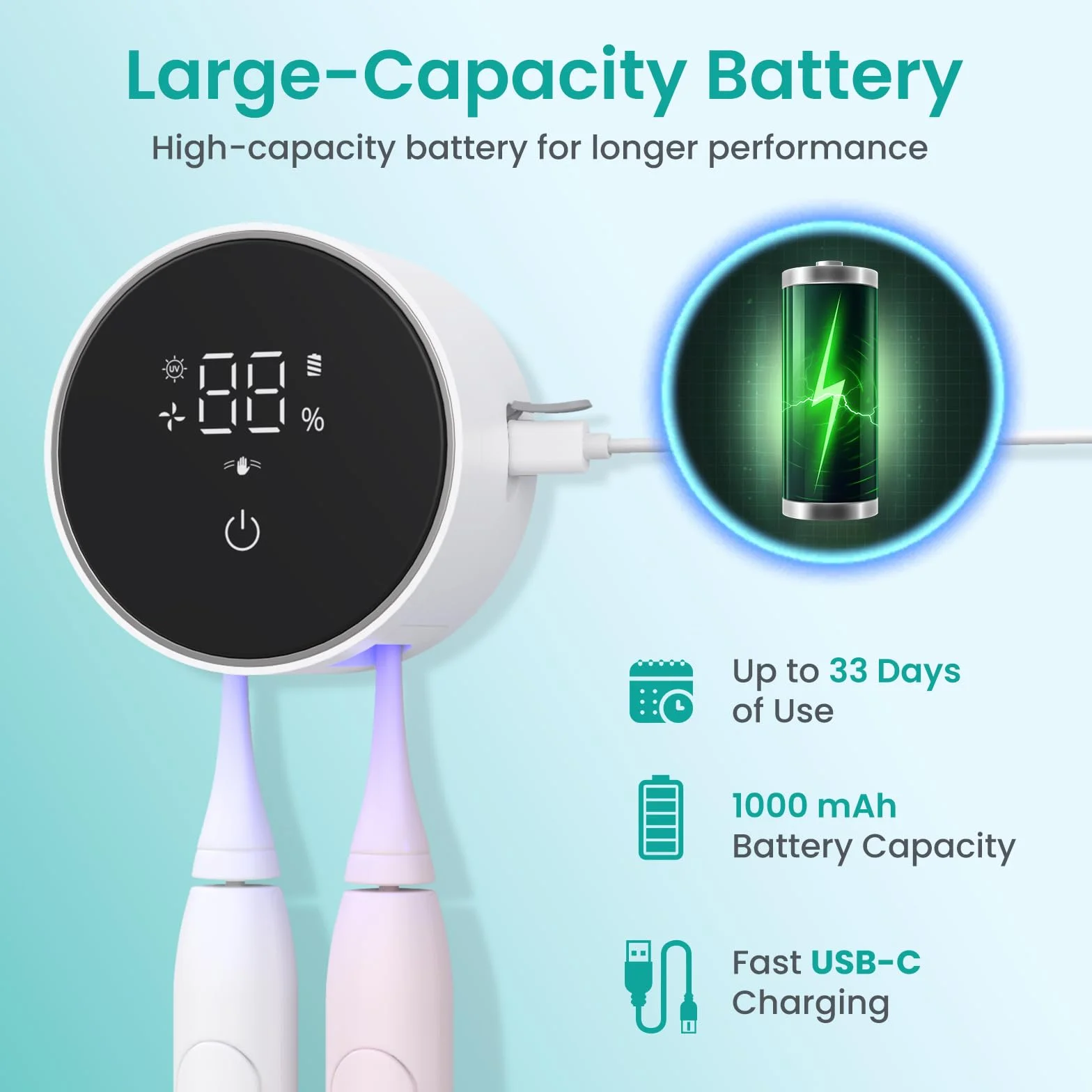 LifeBasis Sterylizator szczoteczek do zębów UV z wyświetlaczem LED do sterylizacji UV i suszenia w stałej temperaturze Elektryczne szczoteczki do zębów, montowane na ścianie, akumulatorowe