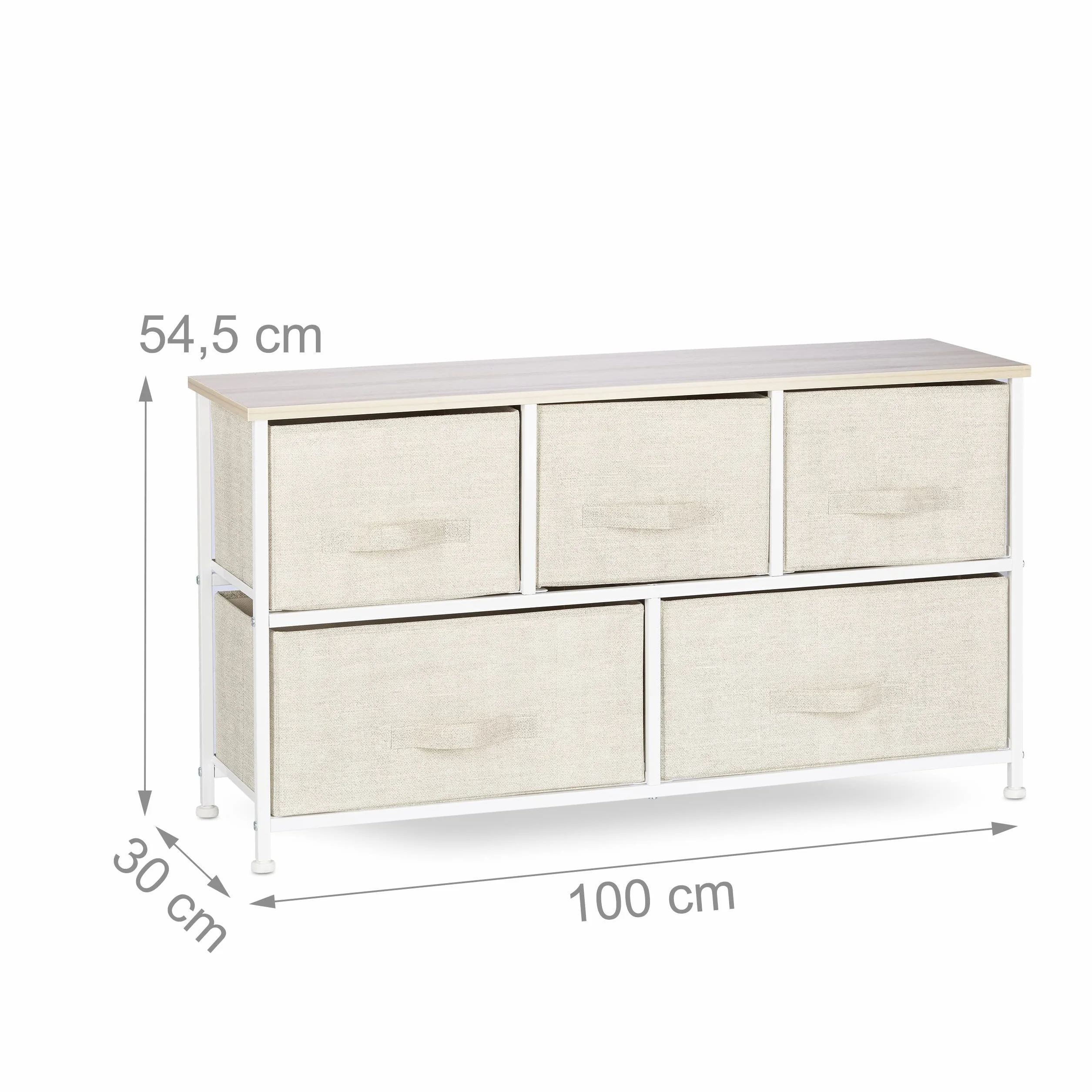 Relaxdays System regałów 5 szuflad materiałowych, metal i drewno, 54,5 x 100 x 30 cm, beżowy