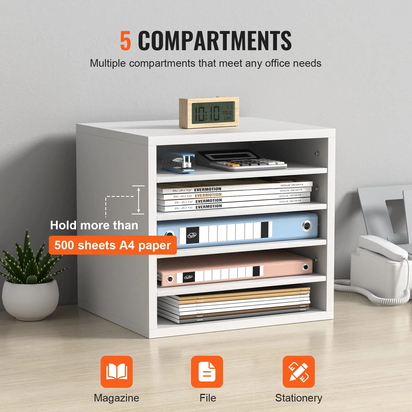 VEVOR Drewniany Organizator Literatury Stojak na dokumenty 5 przegródek 35,5x30,5x33 cm Biały