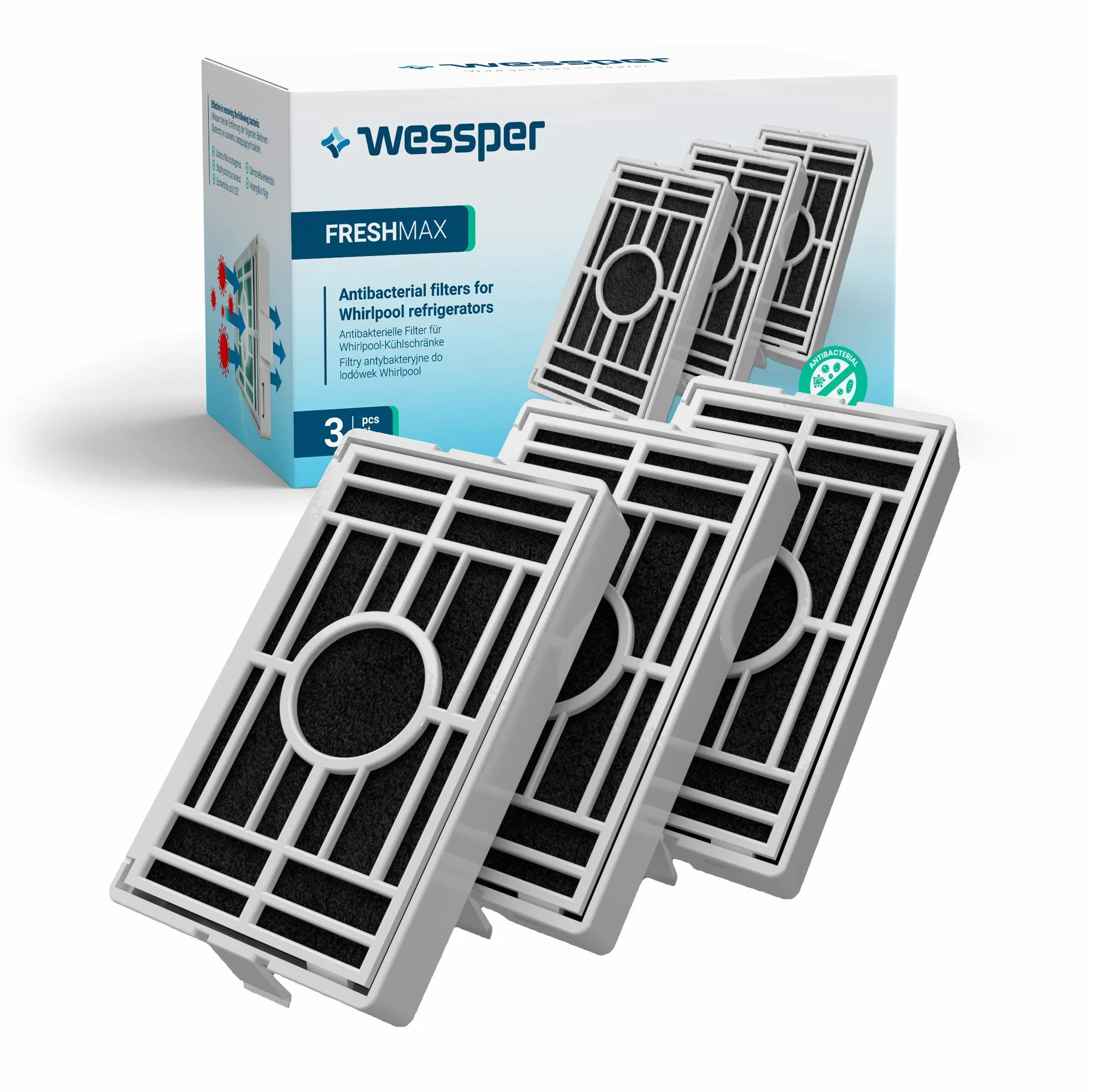 Wessper 3-pak filtrów powietrza antybakteryjnych do lodówki Bauknecht Whirlpool Side-by-Side kompatybilny ANT001