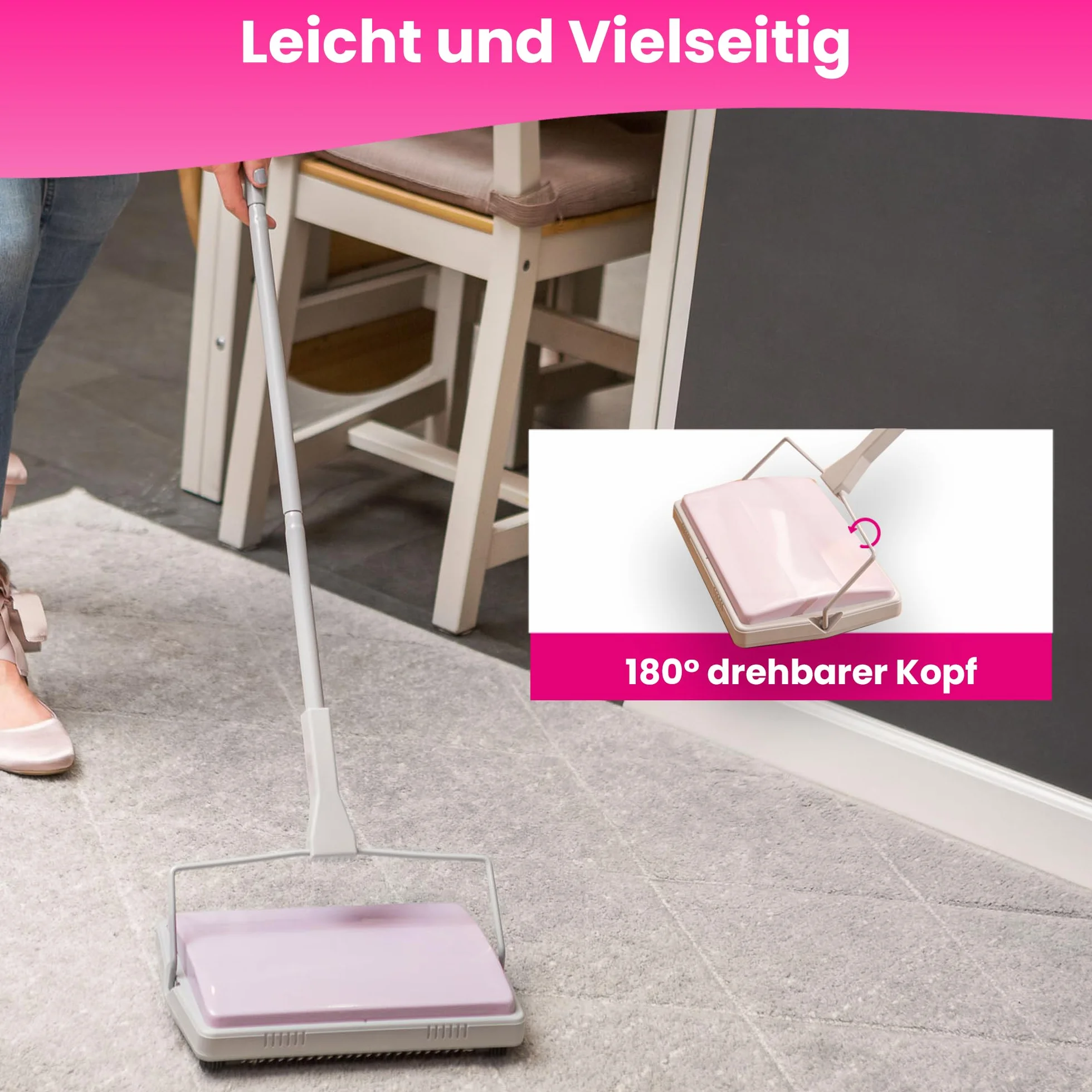 York Miotła mechaniczna wycieczka Miotła do zbierania zabrudzeń Sweep Manual Sweeper Zamiatarka ręczna Mop do dywanów na czterech kołach miękki cienki i kompaktowy szaro-różowy