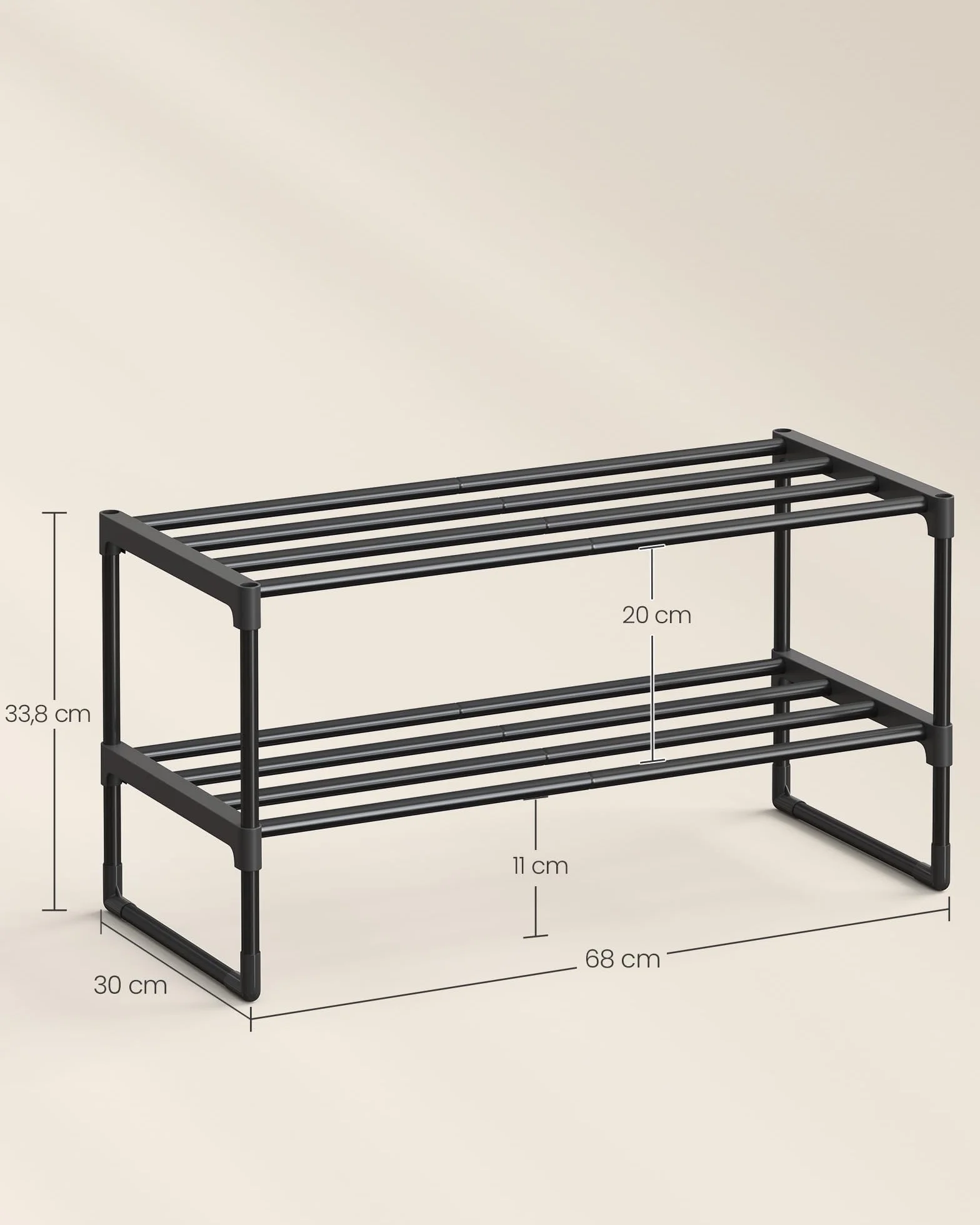 SONGMICS Stojak na buty 2-poziomowy, metalowy stojak na buty, przechowywanie butów, pionowy lub do góry nogami, na 6-9 par butów, składany, 30 x 68 x 33,8 cm, czarny LSA202B01