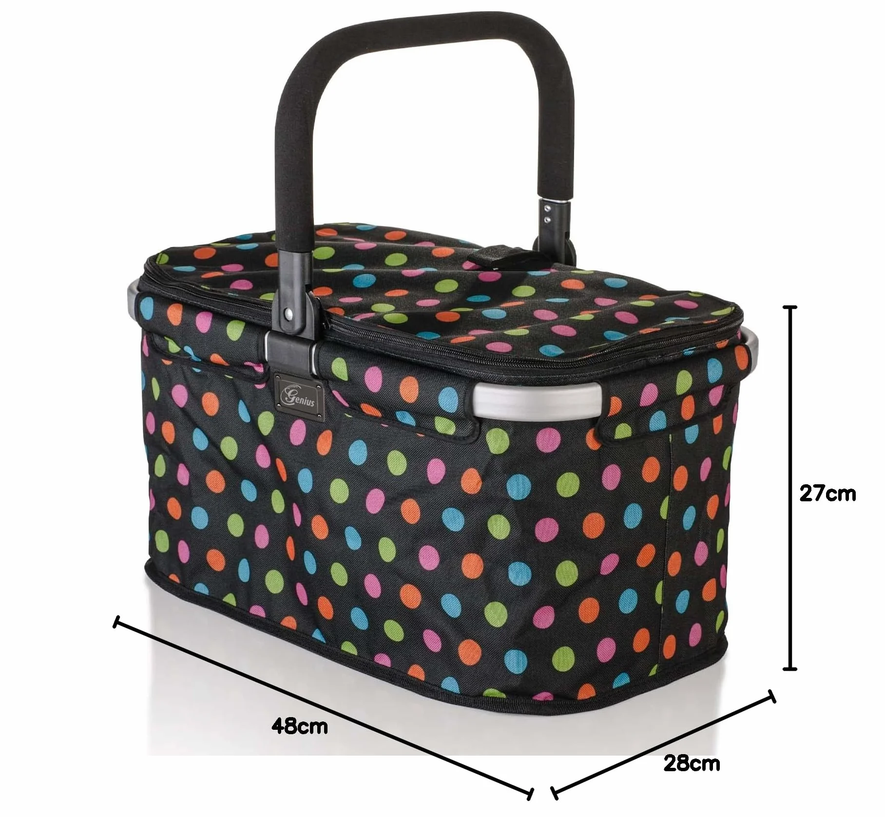 Genius A14360 Falko Premium koszyk na zakupy, 22 l, duży, składany, z pokrywką | kosz do noszenia w podróży z aluminiowym uchwytem, czarno-kolorowy