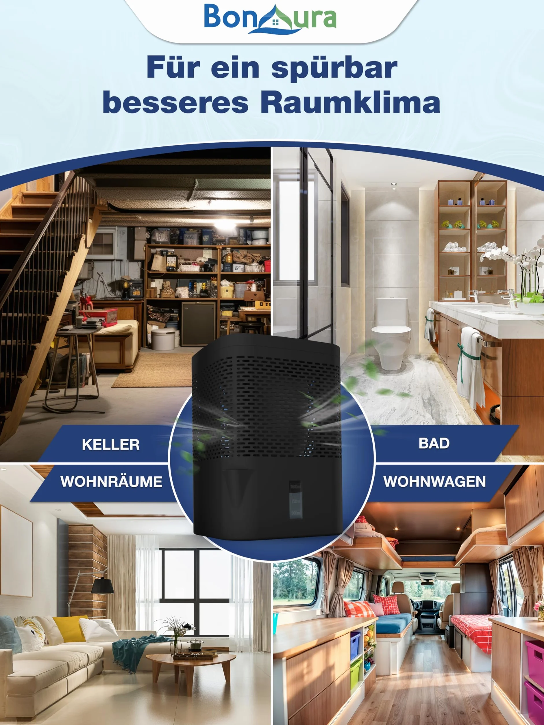 BonAura Osuszacz powietrza bez prądu do 23 m² I wentylacja 360° I osuszacz powietrza z lejkiem i 5 x 680 g granulatu osuszacza powietrza I ochrona przed pleśnią i zapachami I osuszacz do pomieszczeń
