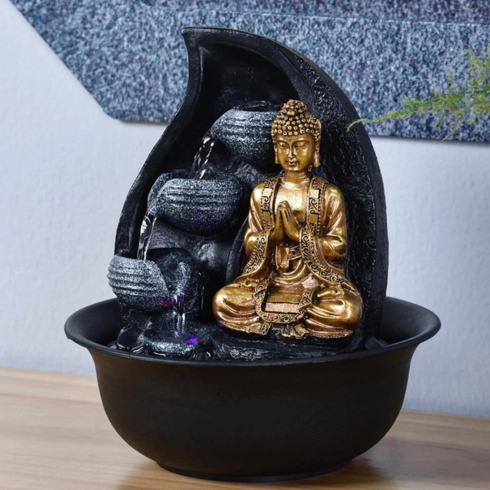Fontanna Buddy Praya - Wyjmowana fontanna Buddy - Egzotyczna dekoracja Zen - Prezenty - Fontanna stołowa Światło LED - Obwód zamknięty - Brązowy i złoty - H 26 cm - Zen'Light