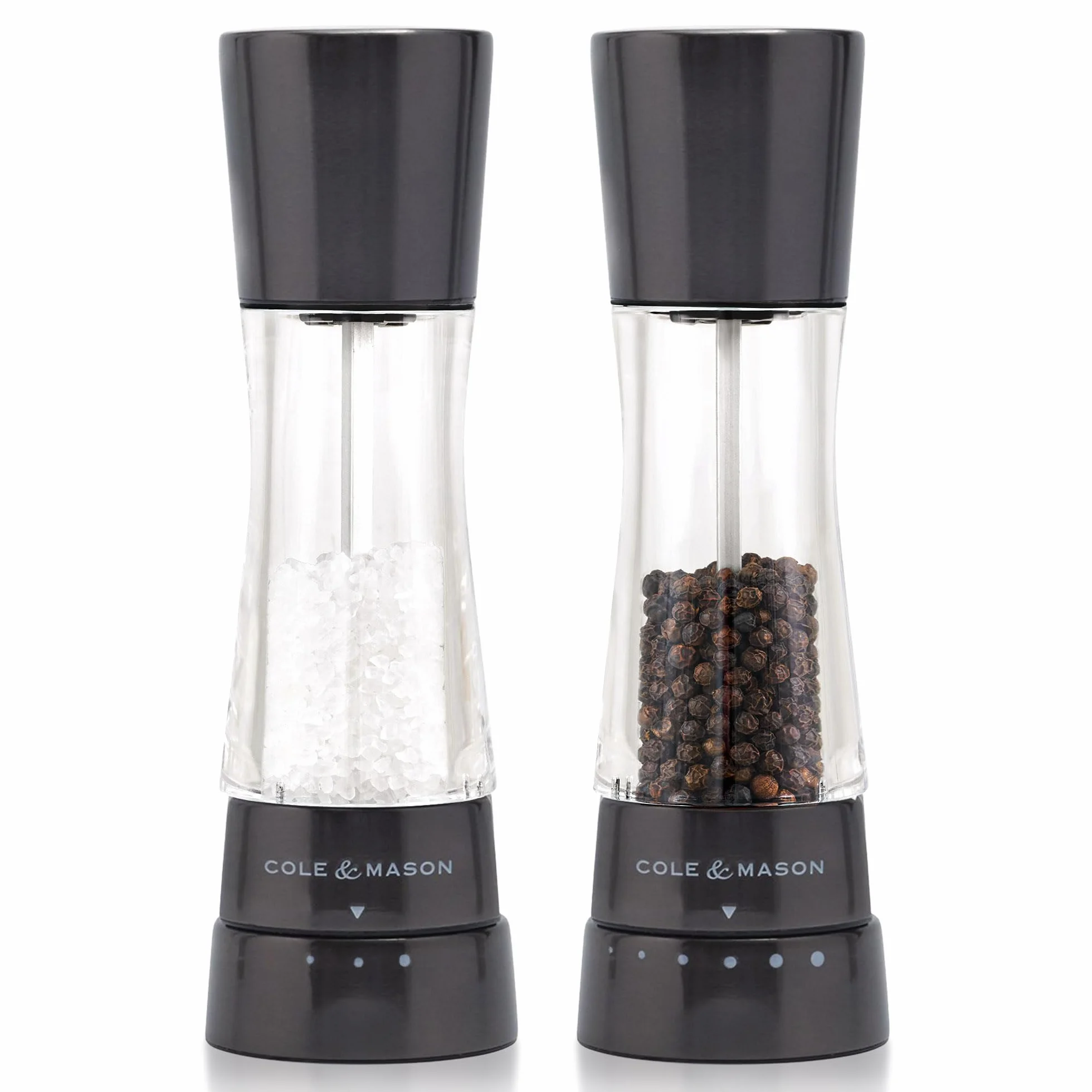Cole & Mason Derwent Gunmetal młynki do soli i pieprzu, regulowane ustawienia mielenia, Gourmet Precision+, stal nierdzewna/akryl, 190 mm, zestaw prezentowy, zawiera 2 młynki do soli i pieprzu