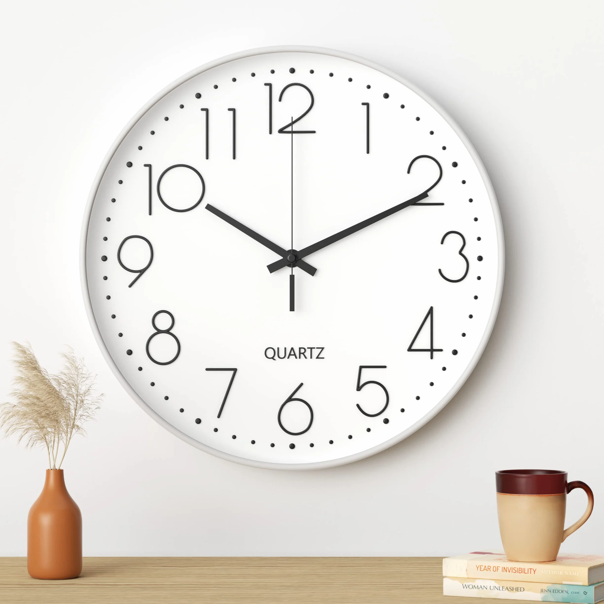 Mesybveo Zegar ścienny 30 cm (12 cali) nowoczesny cichy zegar ścienny, cichy mechanizm kwarcowy, nowoczesny, minimalistyczny design, czarny, do salonu, kuchni, biura, sypialni (biały)