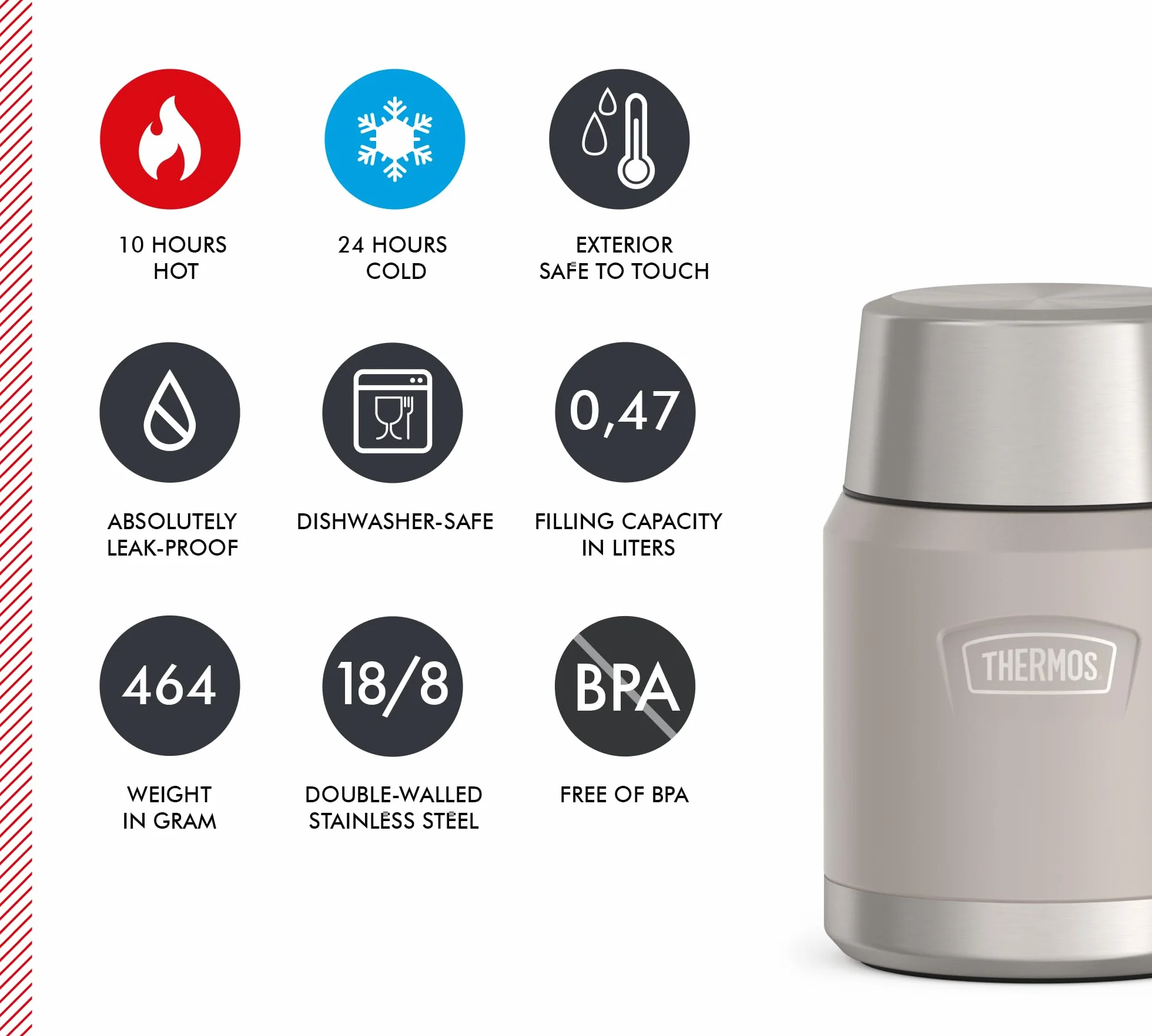 Thermos ICON Food Jar 0,47 l, beżowy matowy piaskowy kamień, naczynie do jedzenia 470 ml, podwójne ścianki ze stali nierdzewnej 18/8, utrzymuje ciepło i zimno, ze składaną łyżką, antypoślizgowe dno,