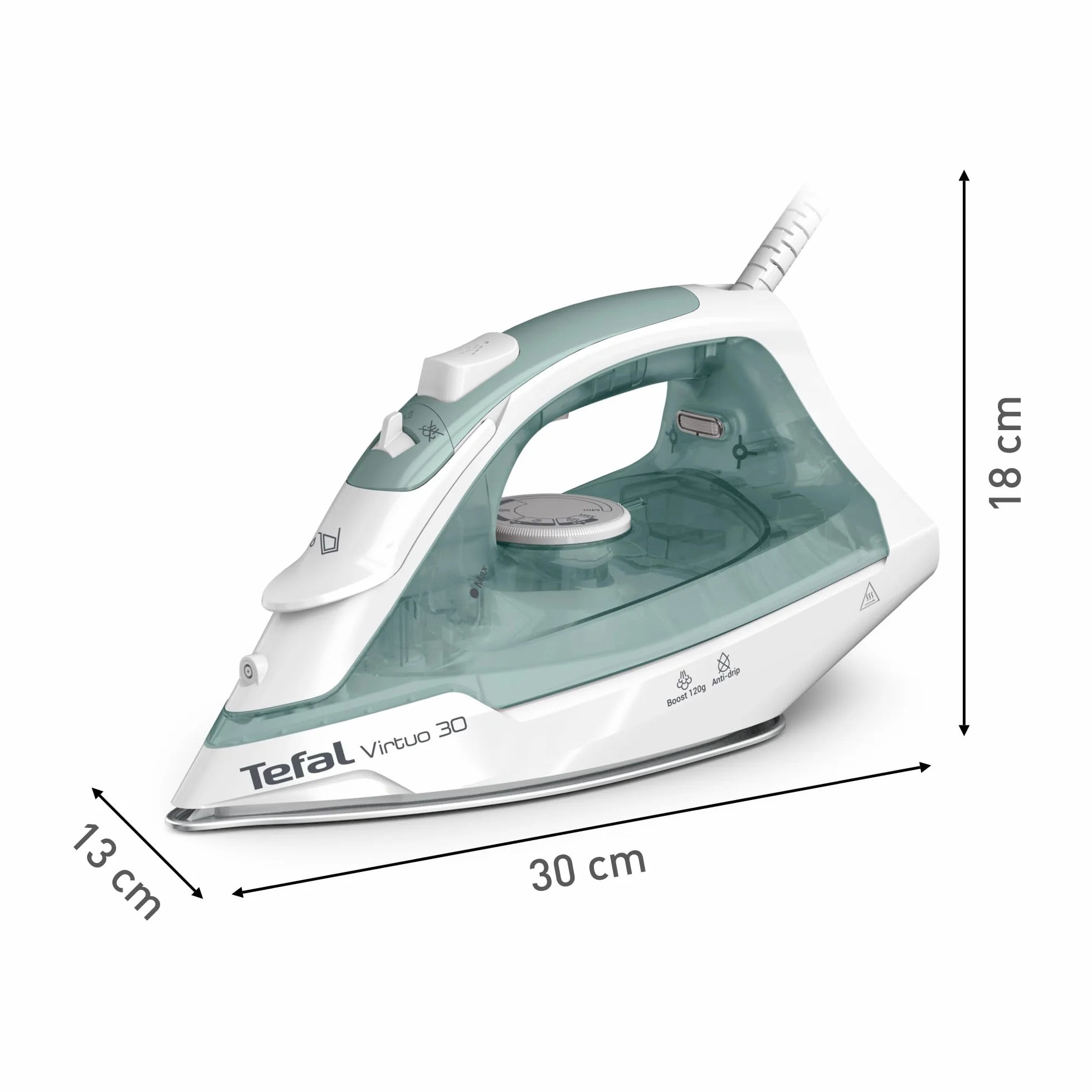 TEFAL FV2C42 Virtuo żelazko parowe, 2000W, ciągły wyrzut pary 27 g/min, uderzenie pary 120 g/min, czas nagrzewania 30 sek, prasowanie w pionie, system odkamieniający, nieprzywierająca powłoka, zielony