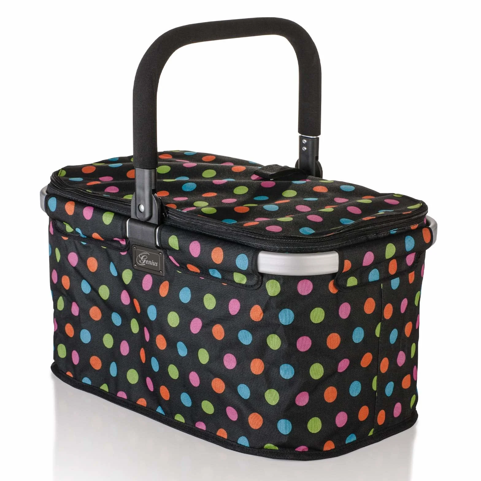 Genius A14360 Falko Premium koszyk na zakupy, 22 l, duży, składany, z pokrywką | kosz do noszenia w podróży z aluminiowym uchwytem, czarno-kolorowy