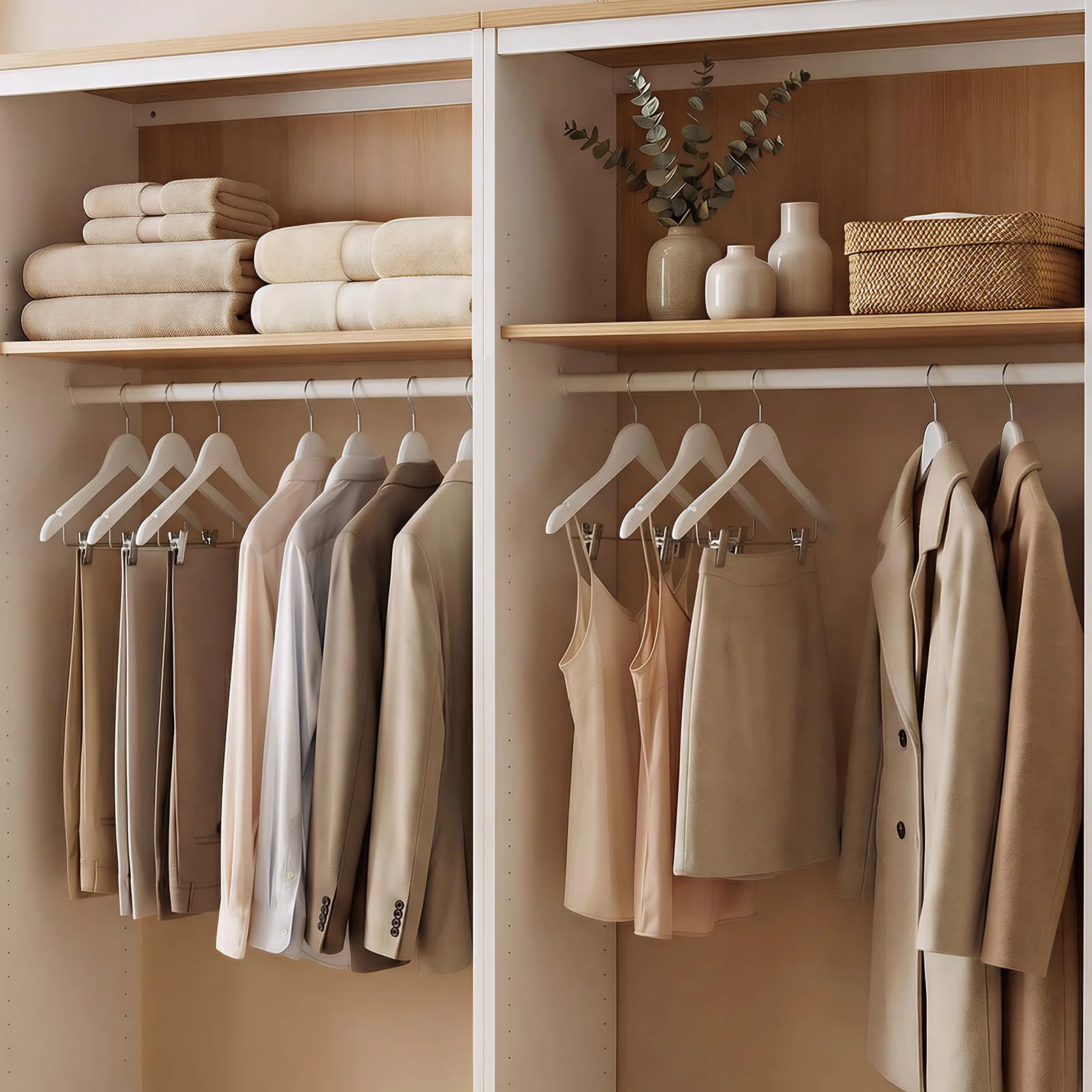 HOUSE DAY Drewniane wieszaki 12 sztuk wieszaków z klipsami, drewniane wieszaki na ubrania, naturalne gładkie wykończenie, drewniany wieszak premium, drewniane wieszaki na ubrania, garnitur, białe