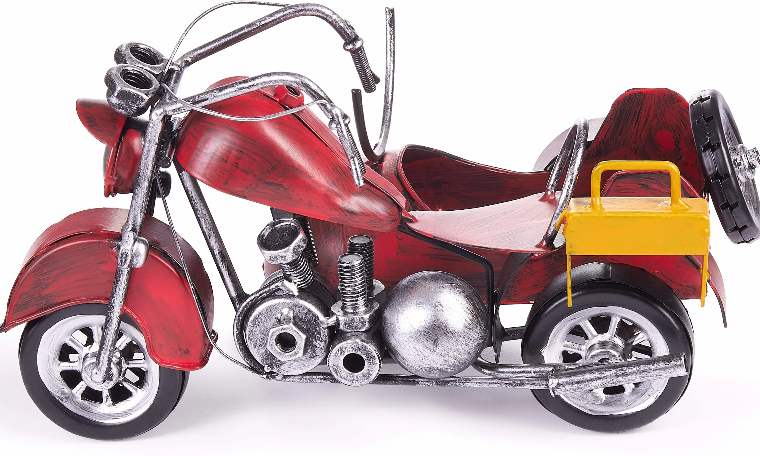 BRUBAKER Stojak na Butelkę Wina Motocykl z Bocznym Wózkiem Czerwony - Vintage Metalowy Chopper Stojak na Butelkę Wina - Ręcznie Malowane Rzeźby z Kartą Podarunkową