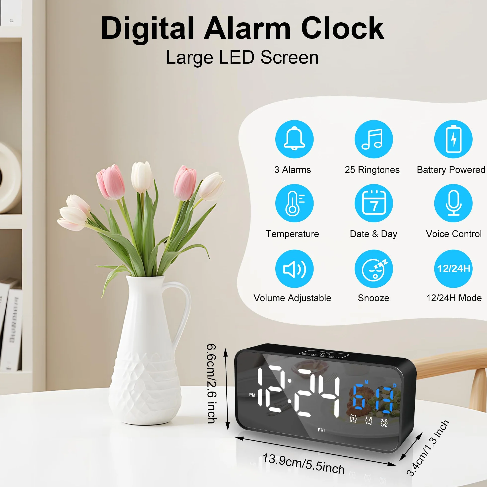 Lafocuse LED cyfrowy budzik z wyświetlaczem temperatury i datą, zegar stołowy z 25 melodiami, 2 portami ładowania USB, 3 alarmami i dniem tygodnia, cyfrowy zegar z funkcją drzemki, regulowana jasność