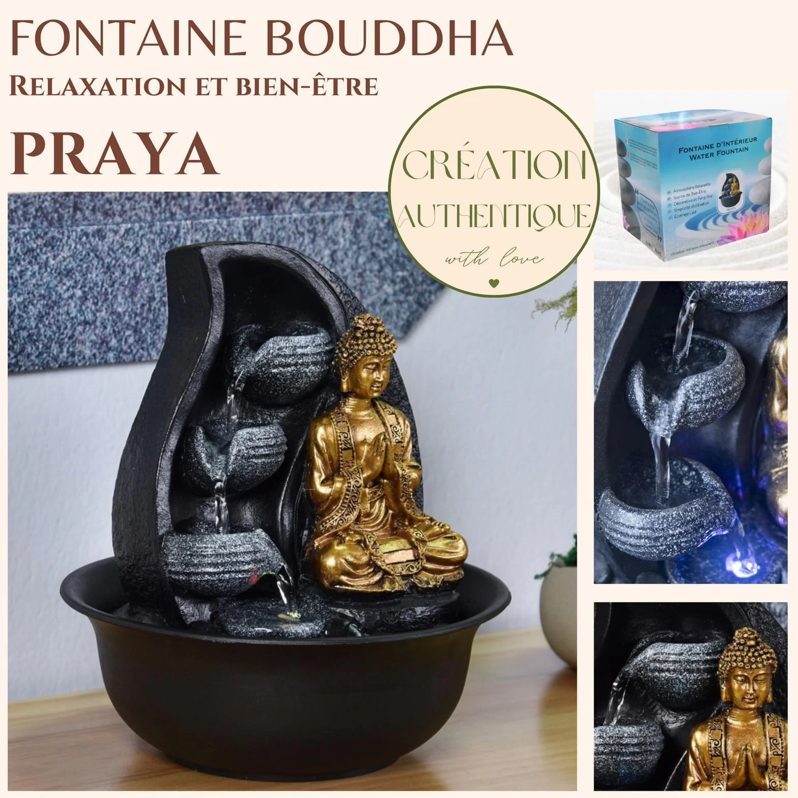 Fontanna Buddy Praya - Wyjmowana fontanna Buddy - Egzotyczna dekoracja Zen - Prezenty - Fontanna stołowa Światło LED - Obwód zamknięty - Brązowy i złoty - H 26 cm - Zen'Light