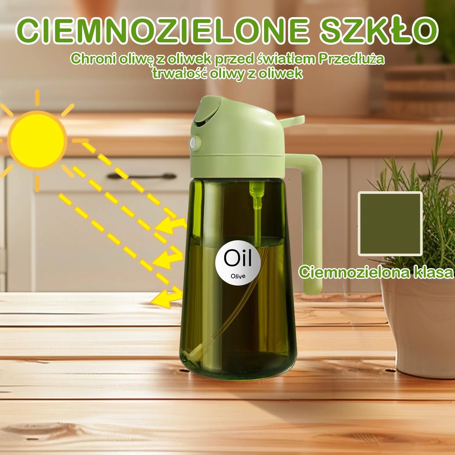 YARRAMATE blokujący światło rozpylacz ciemnego oleju do gotowania, 2 w 1 spryskiwacz do oleju do gotowania, 470 ml szklana na olej, 2 w 1 zielona butelka na olej (zielony)