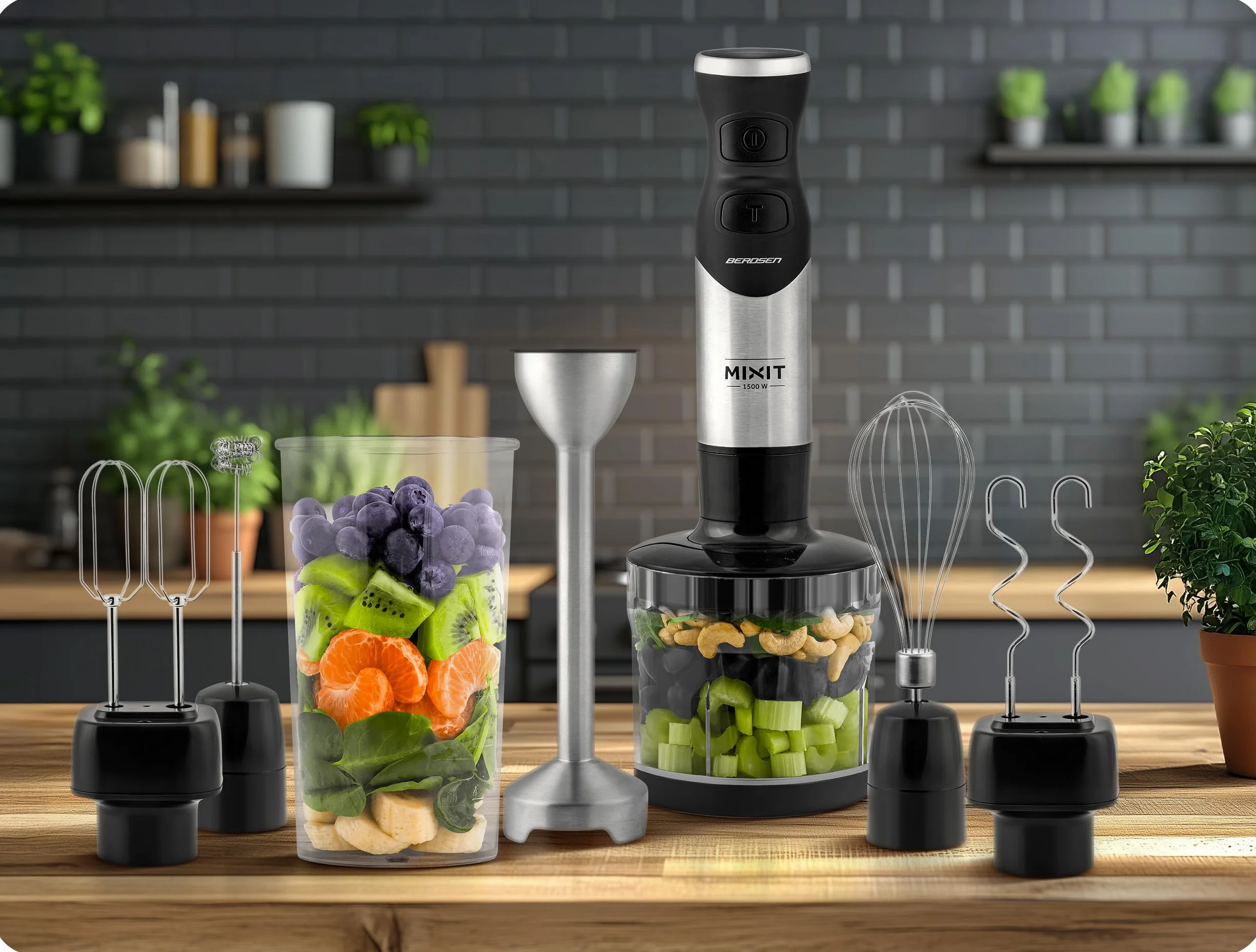 Berdsen Blender reczny 375300 1500 W wielofunkcyjny zestaw 6 w 1 tytanowe ostrze kruszy lod turbo 20 predkosci BPA free stal inox