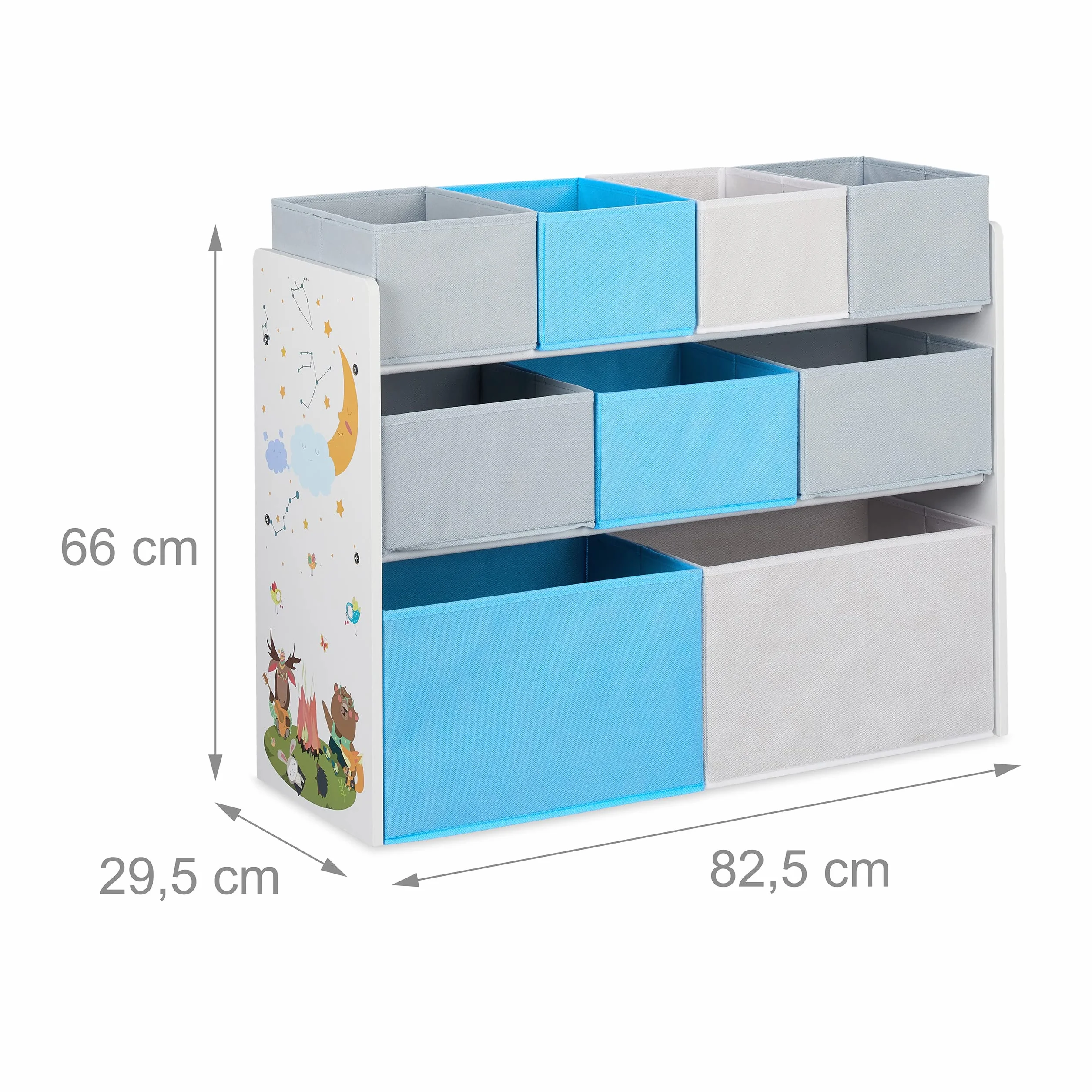 Relaxdays Regał dziecięcy z 9 pudełkami z materiału, ognisko z motywem dziecięcym, regał na zabawki, organizer wys. x szer. x gł.: 66 x 82,5 x 29,5 cm, kolorowy