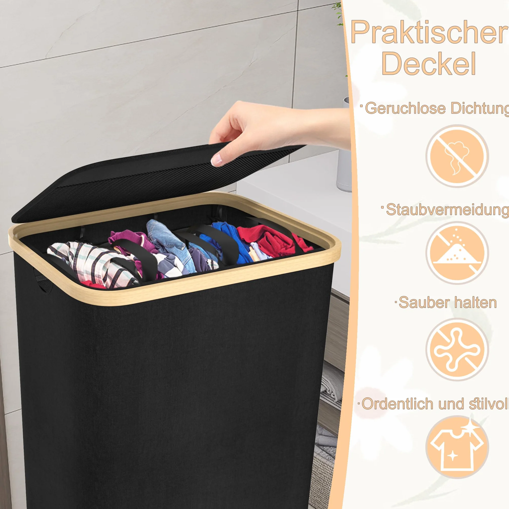 Froadp Kosz na pranie z 3 przegródkami, 140 l, składany, kosz na pranie z pokrywką, do łazienki i sypialni, wytrzymały kosz z uchwytami do noszenia, 3 worki na pranie (czarny)