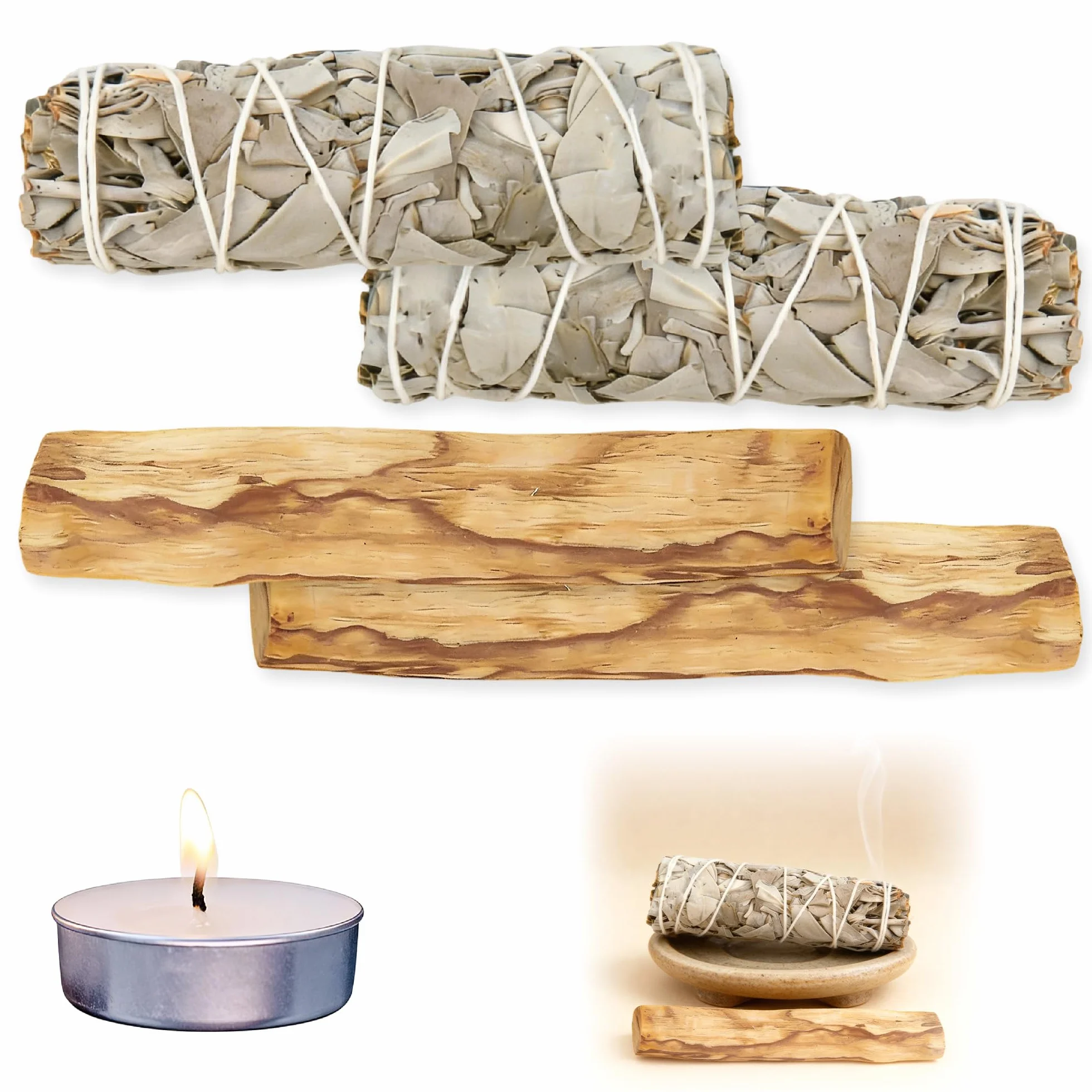 2 białe szałwia i 2 palo Santo Premium kalifornijskie, w 100% naturalne, kontrolowane i zrównoważone zbiory, tradycyjne kadzidełka, odpowiednie do odstraszania negatywnej energii