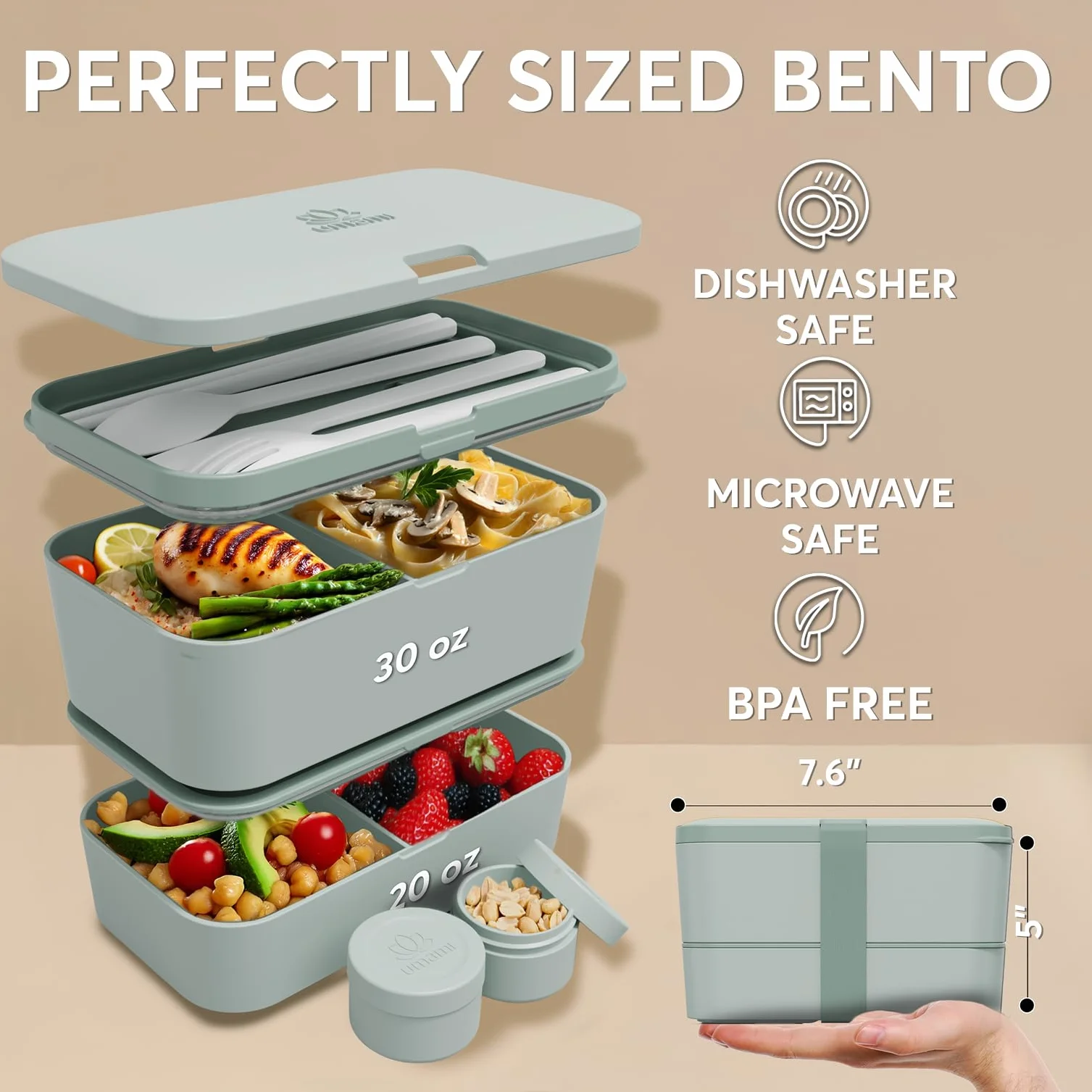 Umami Bento Lunch Box z 4 przegródkami, sztućce i 2 słoiki na sosy, do mikrofalówki