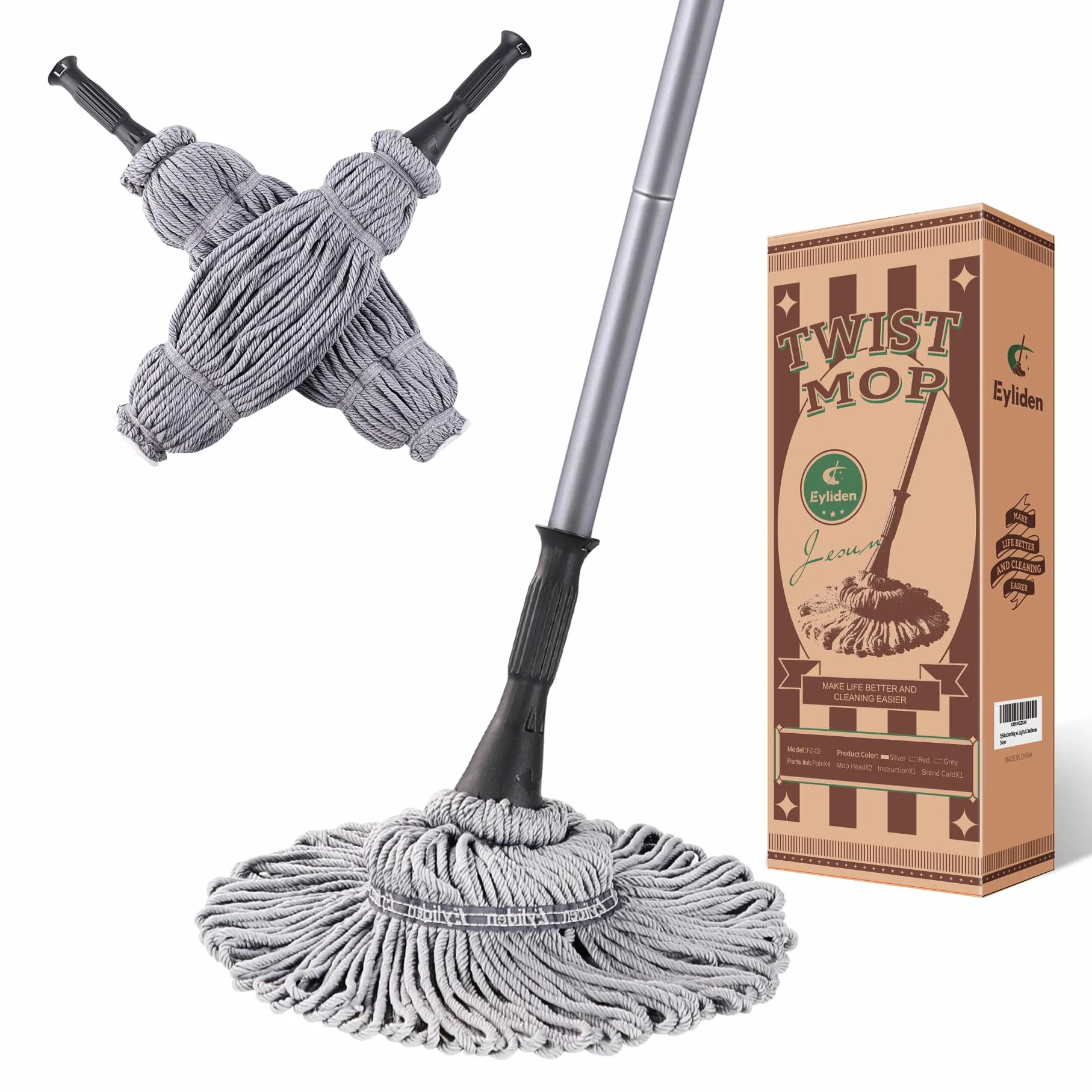 Eyliden Mop z 2 głowicami wielokrotnego użytku, łatwe wykręcanie, z uchwytem o długości 146 cm, mokre mopy do czyszczenia podłóg, komercyjnego domowego czyszczenia twardego drewna, winylu, płytek i