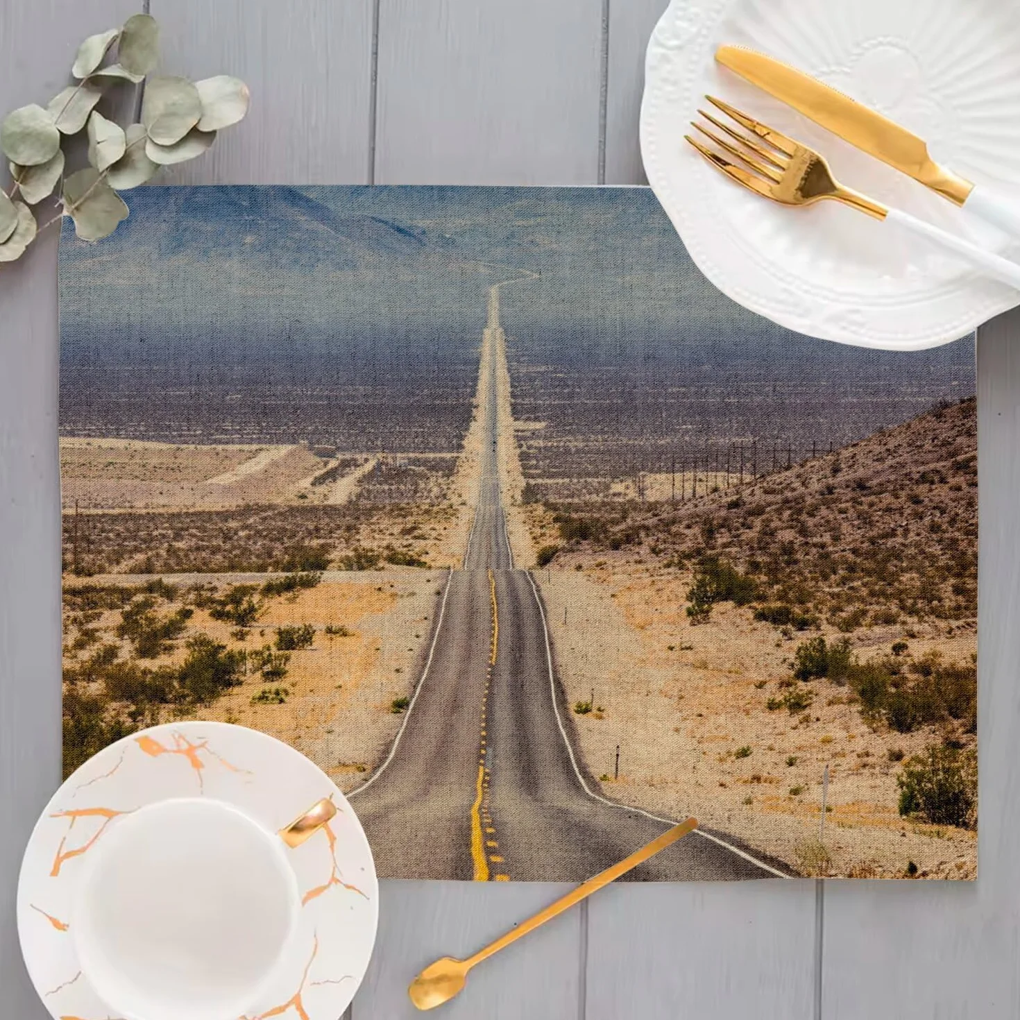 Zestaw 4 podkładek lnianych - Route 66 Stany Zjednoczone Bikers Mythic Desert - Duży format 40 x 28,5 cm