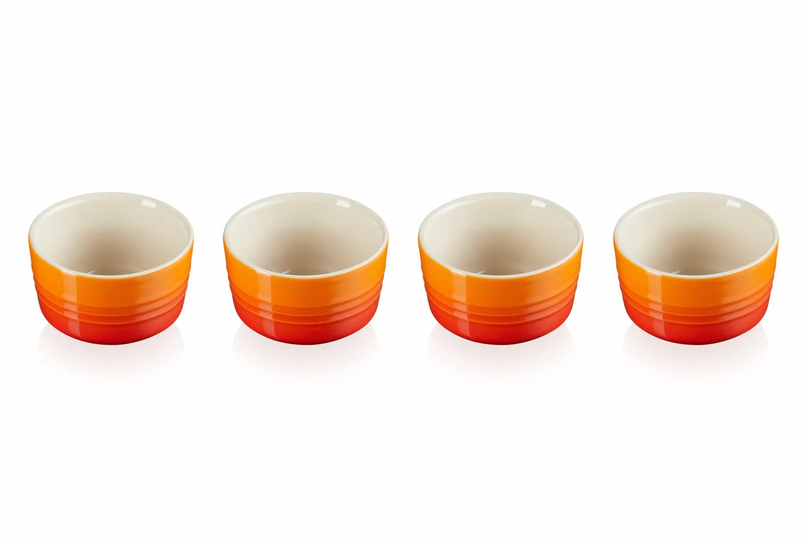 Zestaw 4 emaliowanych foremek kamionkowych, mini zestaw 4 okrągłych naczyń 100 ml, płomienny