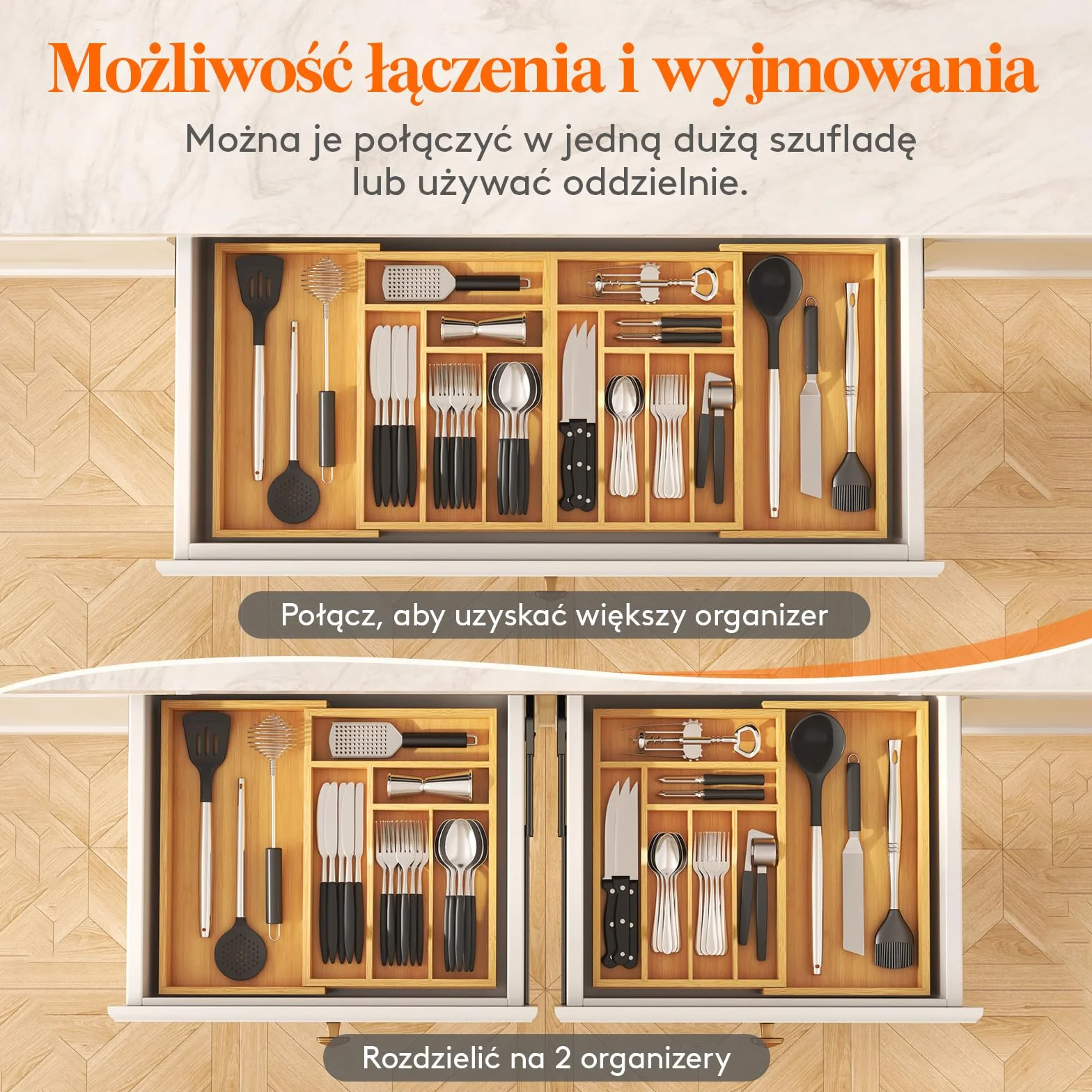Lifewit Bambusa Organizer do Szuflady Kuchennej Regulowany 54.4-91.4 cm Szerokość 40 cm Głębokość