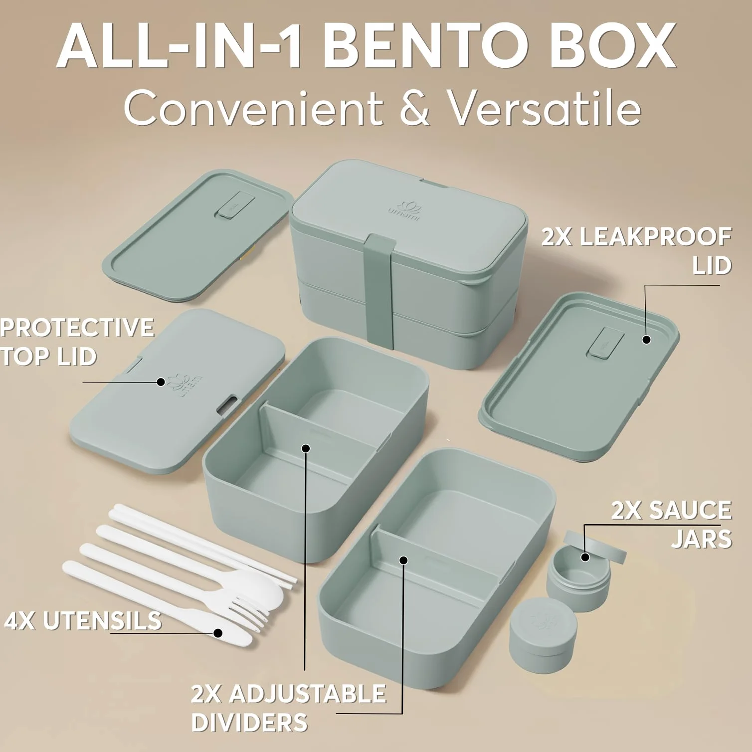 Umami Bento Lunch Box z 4 przegródkami, sztućce i 2 słoiki na sosy, do mikrofalówki